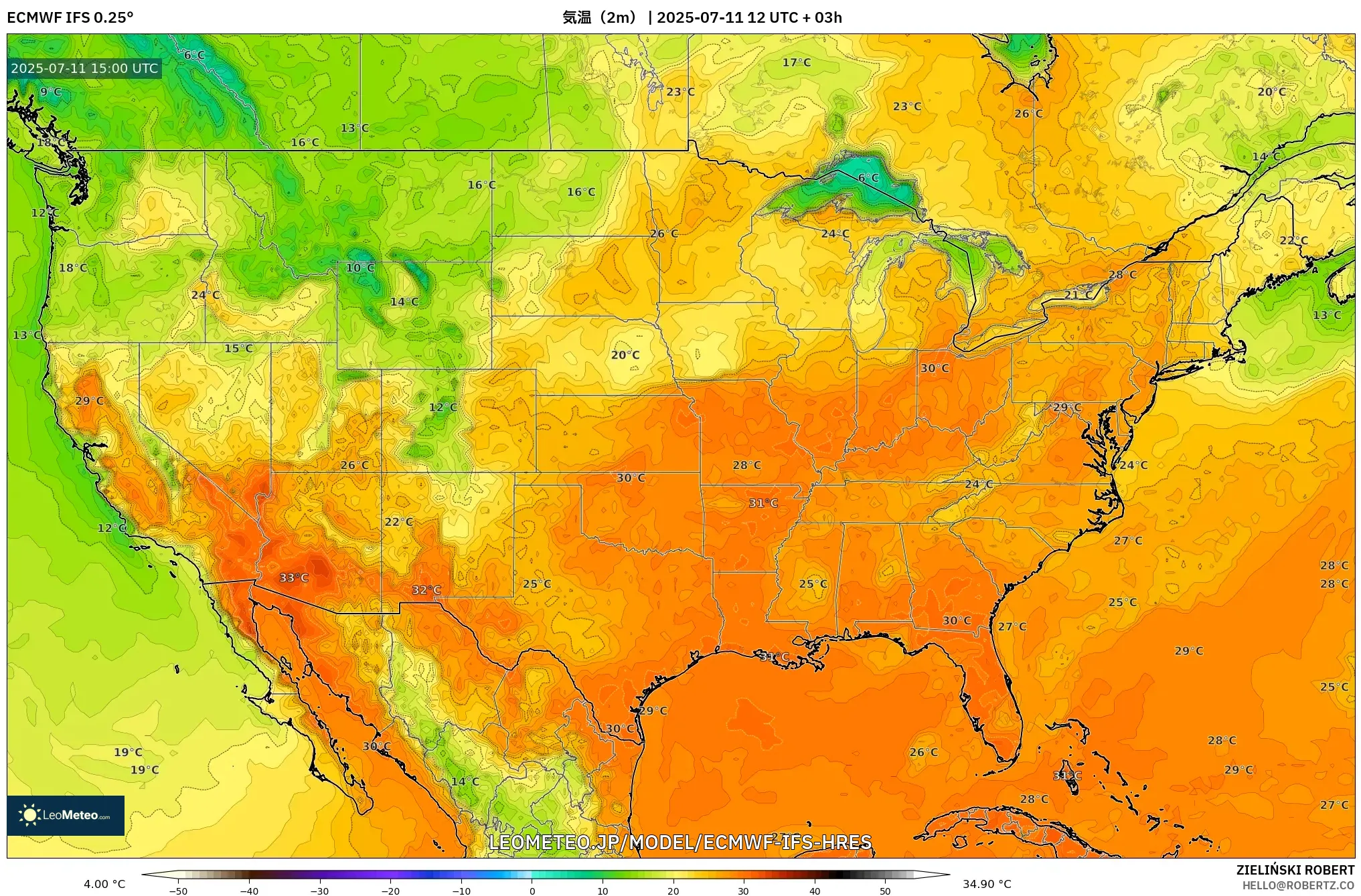 ECMWF IFS 0.25° model - アメリカ合衆国, 気温(2m) ECMWF IFS 0.25° model - アメリカ合衆国, 気温(2m)