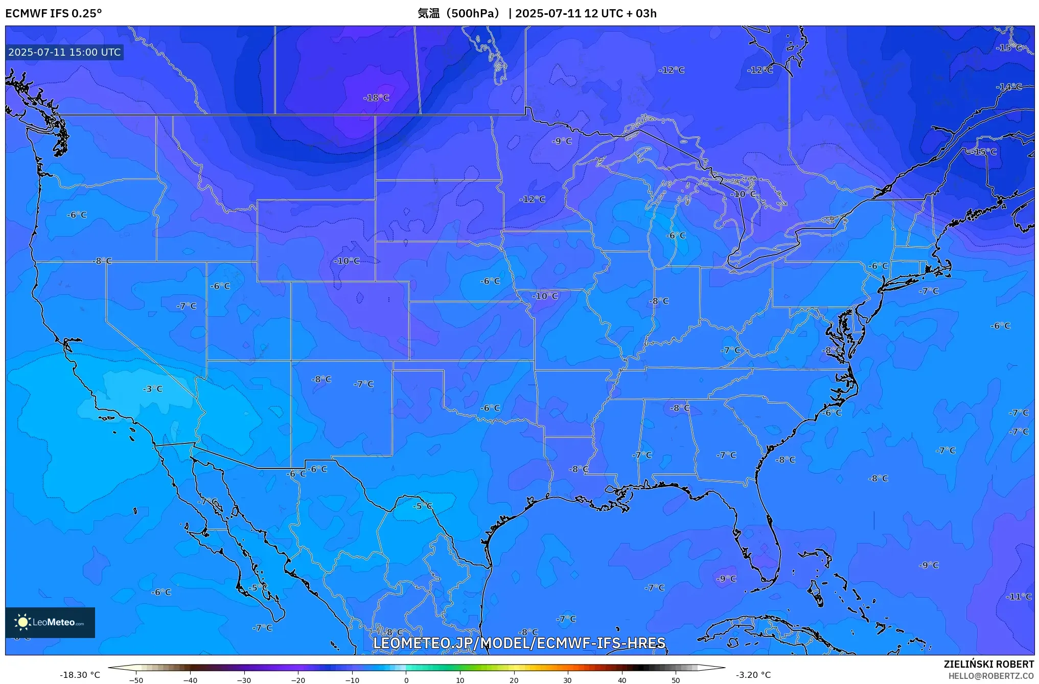 ECMWF IFS 0.25° model - アメリカ合衆国, 気温(500hPa) ECMWF IFS 0.25° model - アメリカ合衆国, 気温(500hPa)