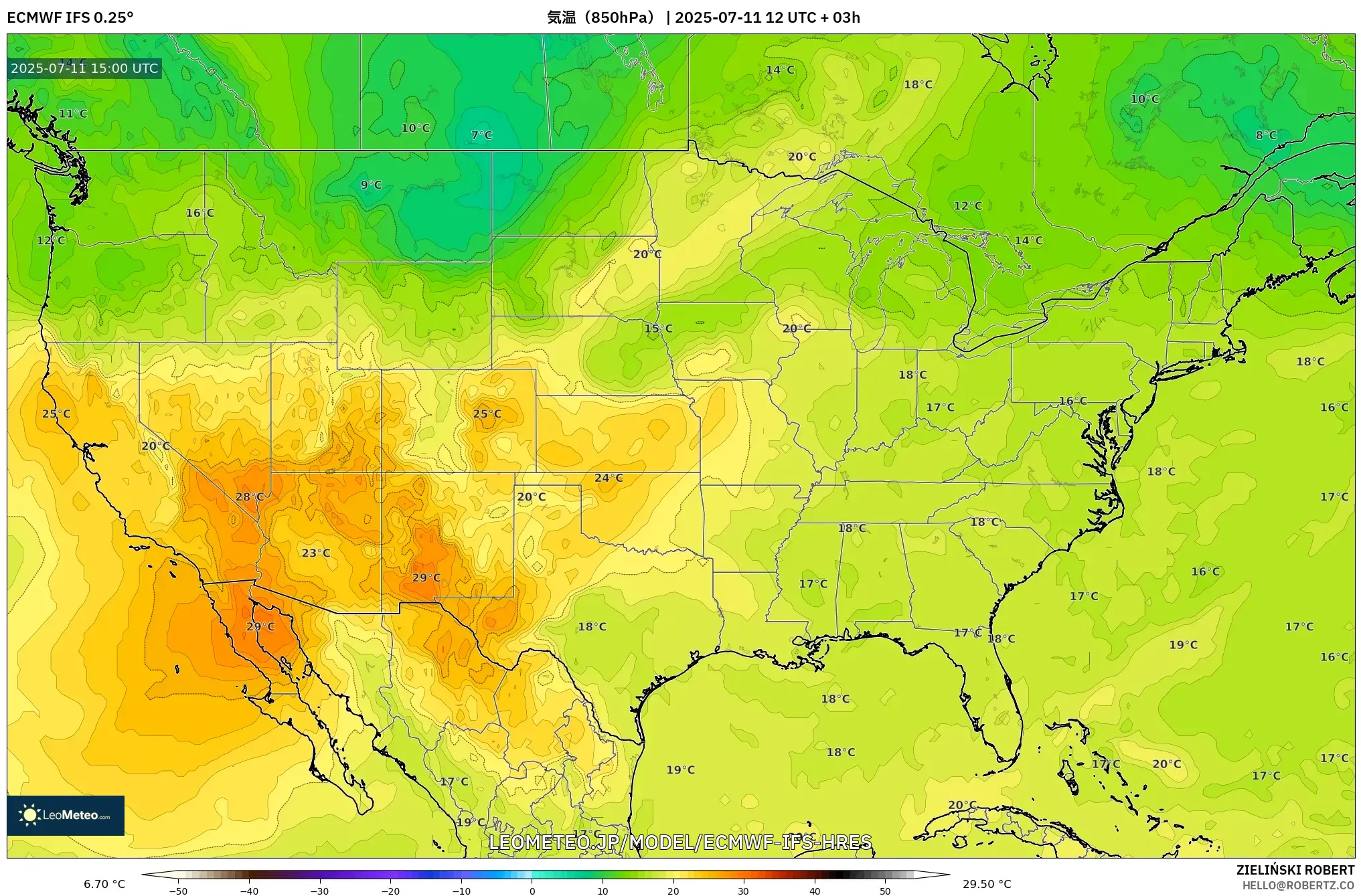 ECMWF IFS 0.25° model - アメリカ合衆国, 気温(850hPa) ECMWF IFS 0.25° model - アメリカ合衆国, 気温(850hPa)