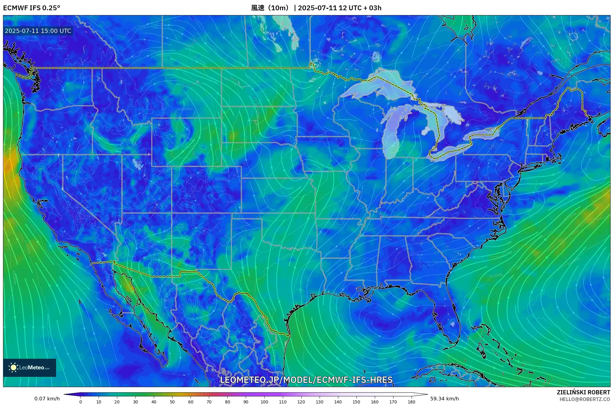 ECMWF IFS 0.25° model - アメリカ合衆国, 風速(10m) ECMWF IFS 0.25° model - アメリカ合衆国, 風速(10m)