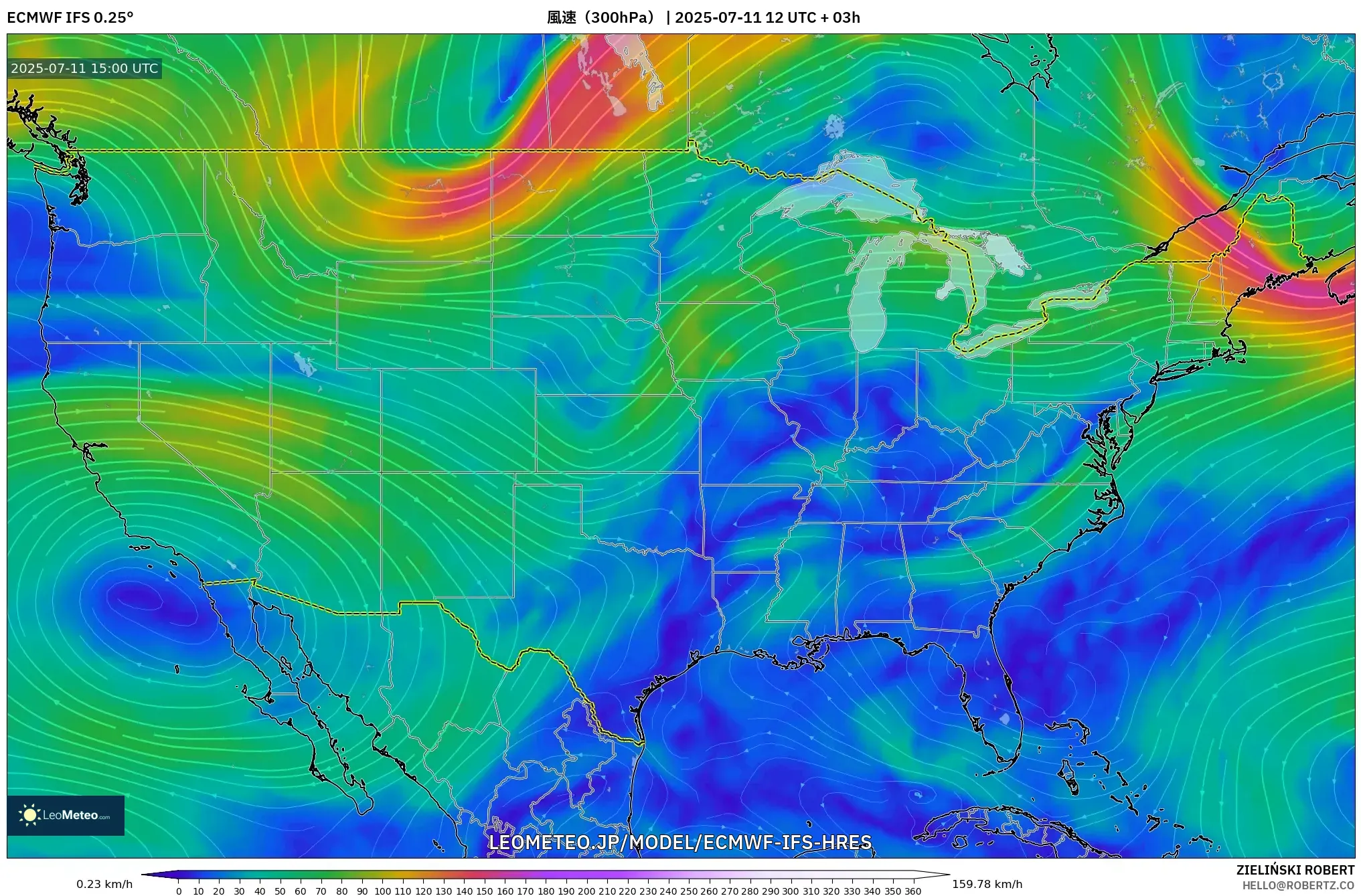 ECMWF IFS 0.25° model - アメリカ合衆国, 風速(300hPa) ECMWF IFS 0.25° model - アメリカ合衆国, 風速(300hPa)