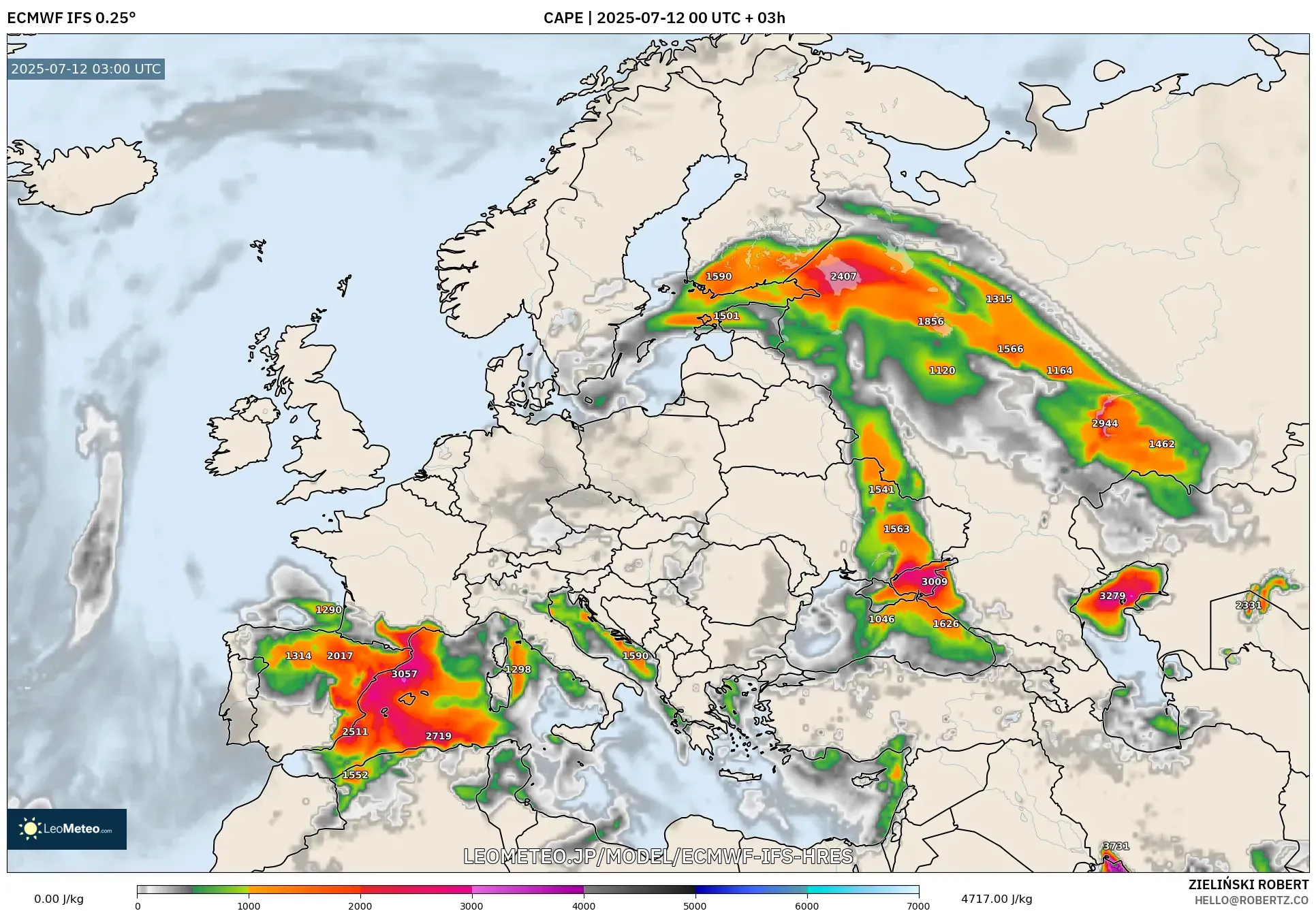 ECMWF IFS 0.25° model - ヨーロッパ, CAPE ECMWF IFS 0.25° model - ヨーロッパ, CAPE