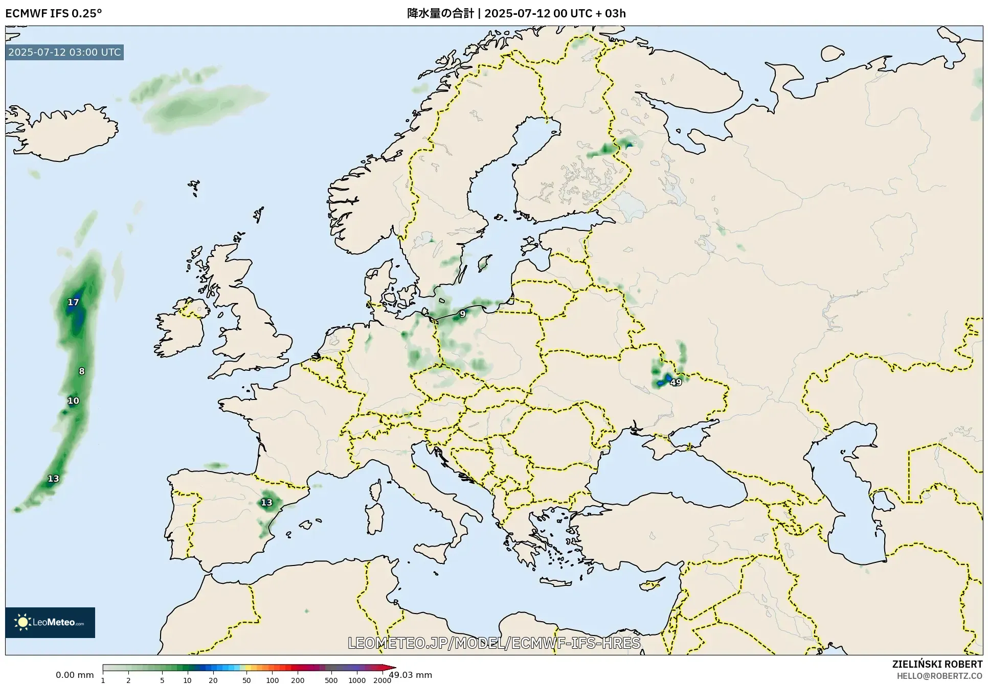 ECMWF IFS 0.25° model - ヨーロッパ, 降水量の合計 ECMWF IFS 0.25° model - ヨーロッパ, 降水量の合計