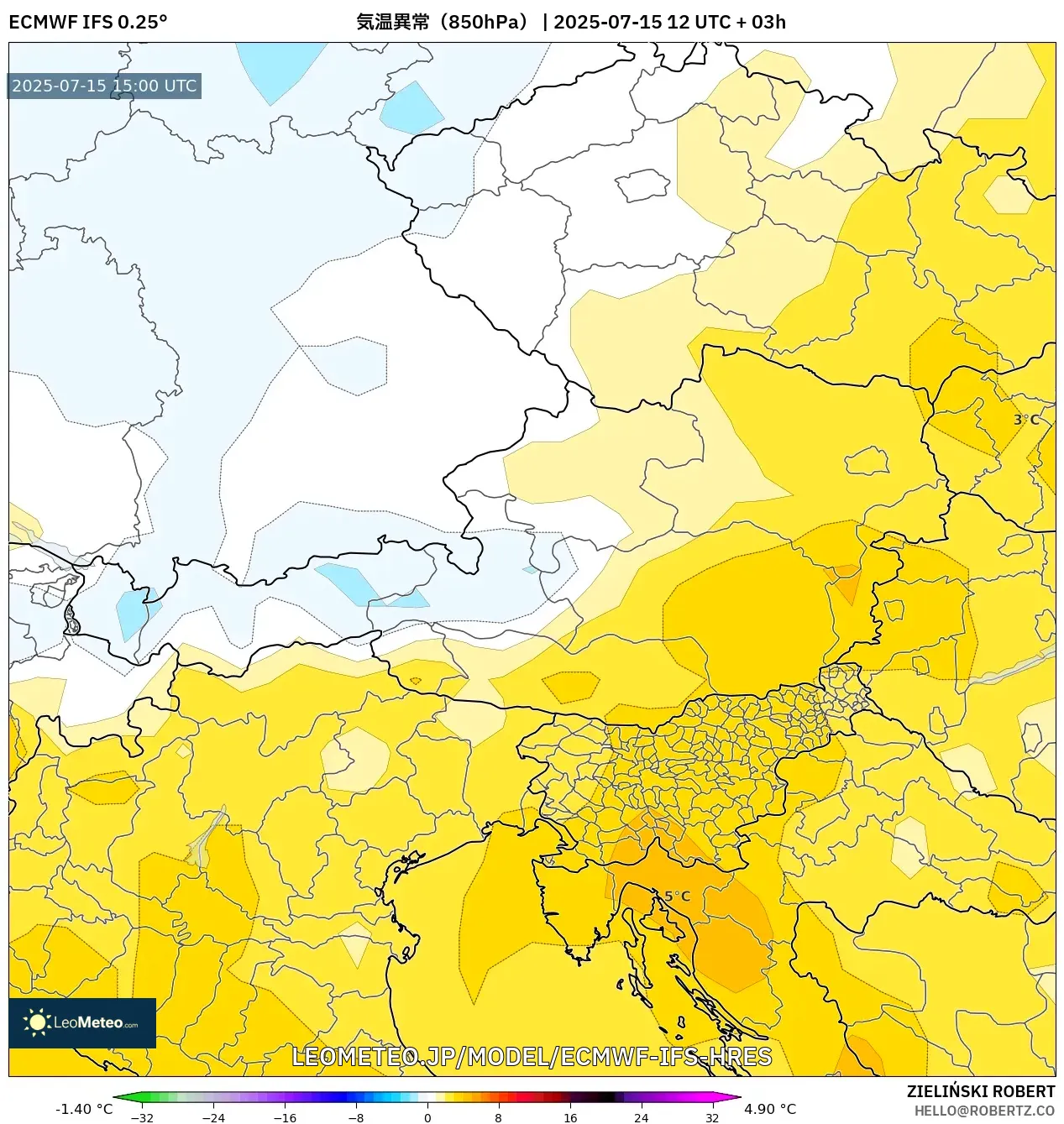 ECMWF IFS 0.25° model - オーストリア, 気温異常(850hPa) ECMWF IFS 0.25° model - オーストリア, 気温異常(850hPa)
