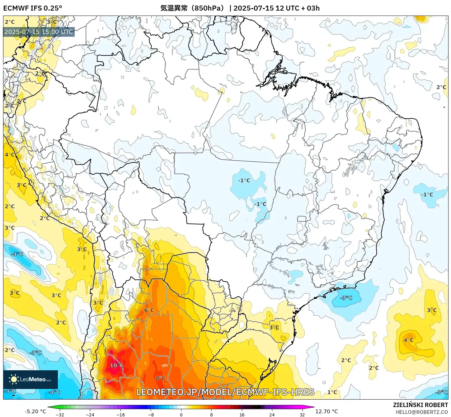 ECMWF IFS 0.25° model - ブラジル, 気温異常(850hPa) ECMWF IFS 0.25° model - ブラジル, 気温異常(850hPa)