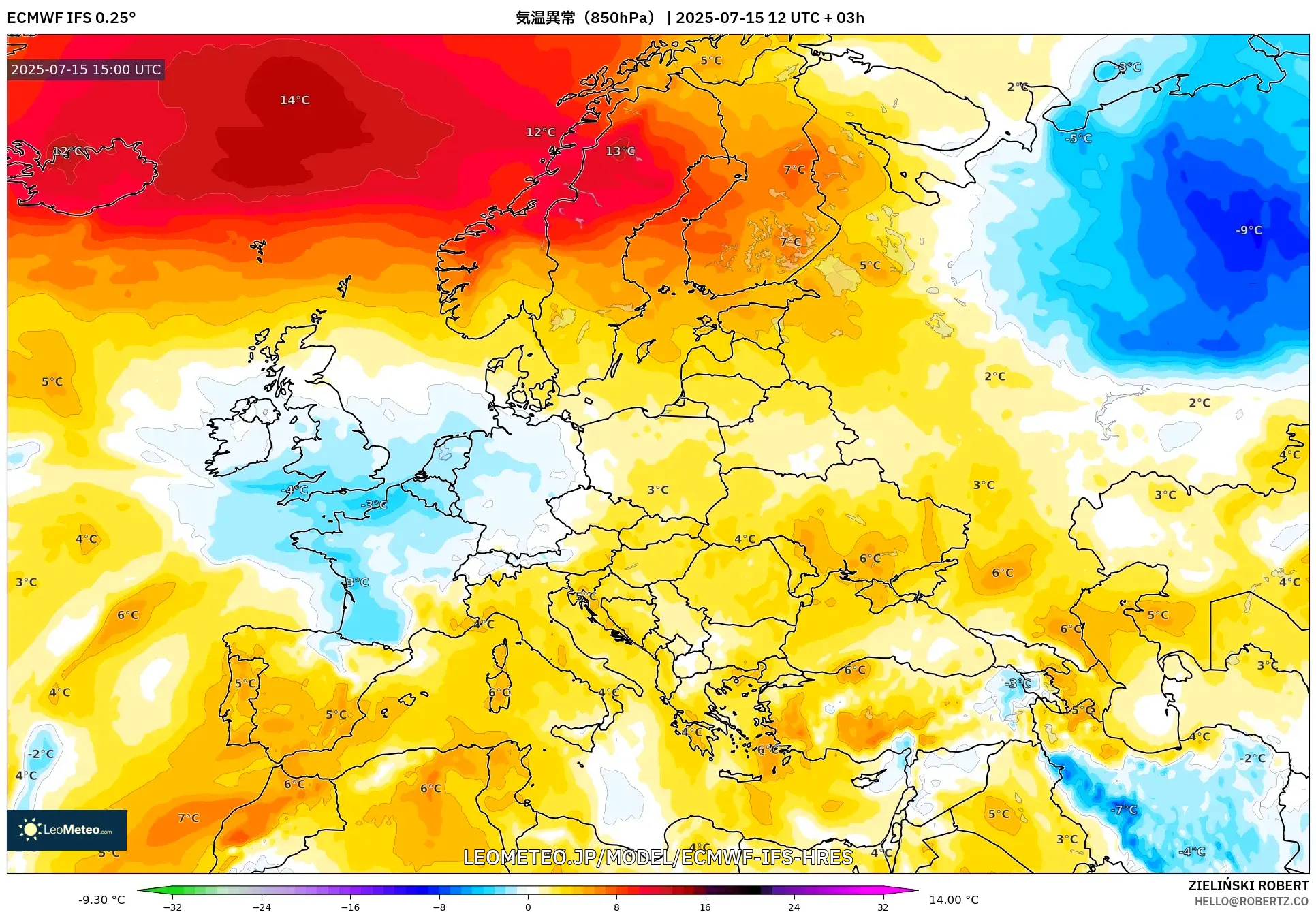 ECMWF IFS 0.25° model - ヨーロッパ, 気温異常(850hPa) ECMWF IFS 0.25° model - ヨーロッパ, 気温異常(850hPa)