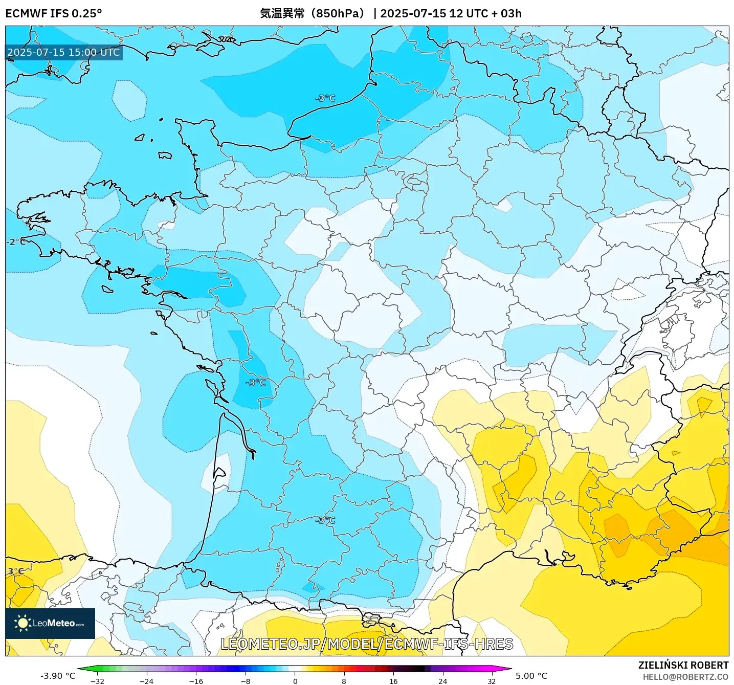 ECMWF IFS 0.25° model - フランス, 気温異常(850hPa) ECMWF IFS 0.25° model - フランス, 気温異常(850hPa)