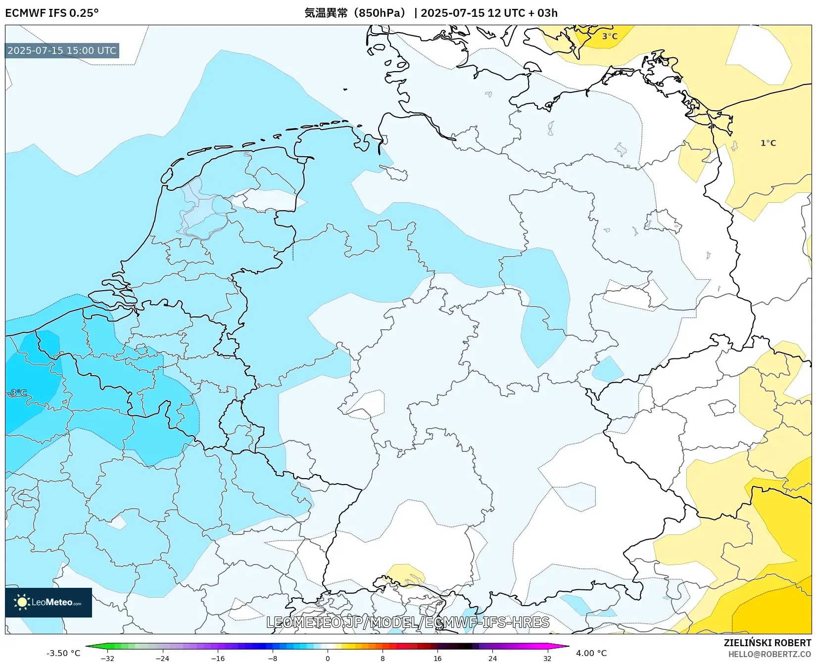 ECMWF IFS 0.25° model - ドイツ, 気温異常(850hPa) ECMWF IFS 0.25° model - ドイツ, 気温異常(850hPa)