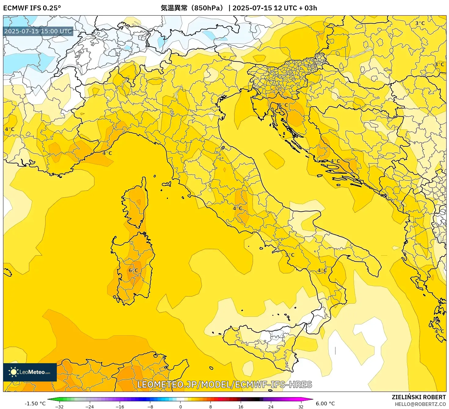 ECMWF IFS 0.25° model - イタリア, 気温異常(850hPa) ECMWF IFS 0.25° model - イタリア, 気温異常(850hPa)