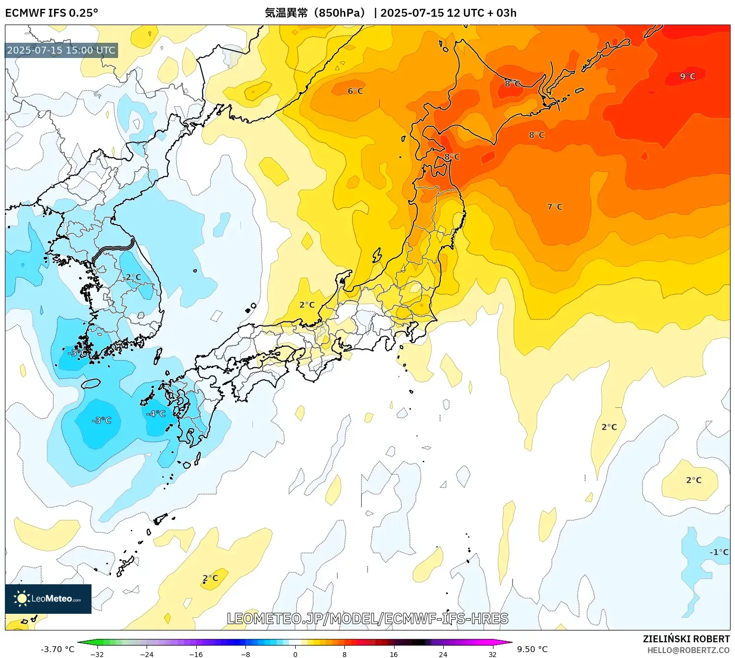 ECMWF IFS 0.25° model - 日本, 気温異常(850hPa) ECMWF IFS 0.25° model - 日本, 気温異常(850hPa)