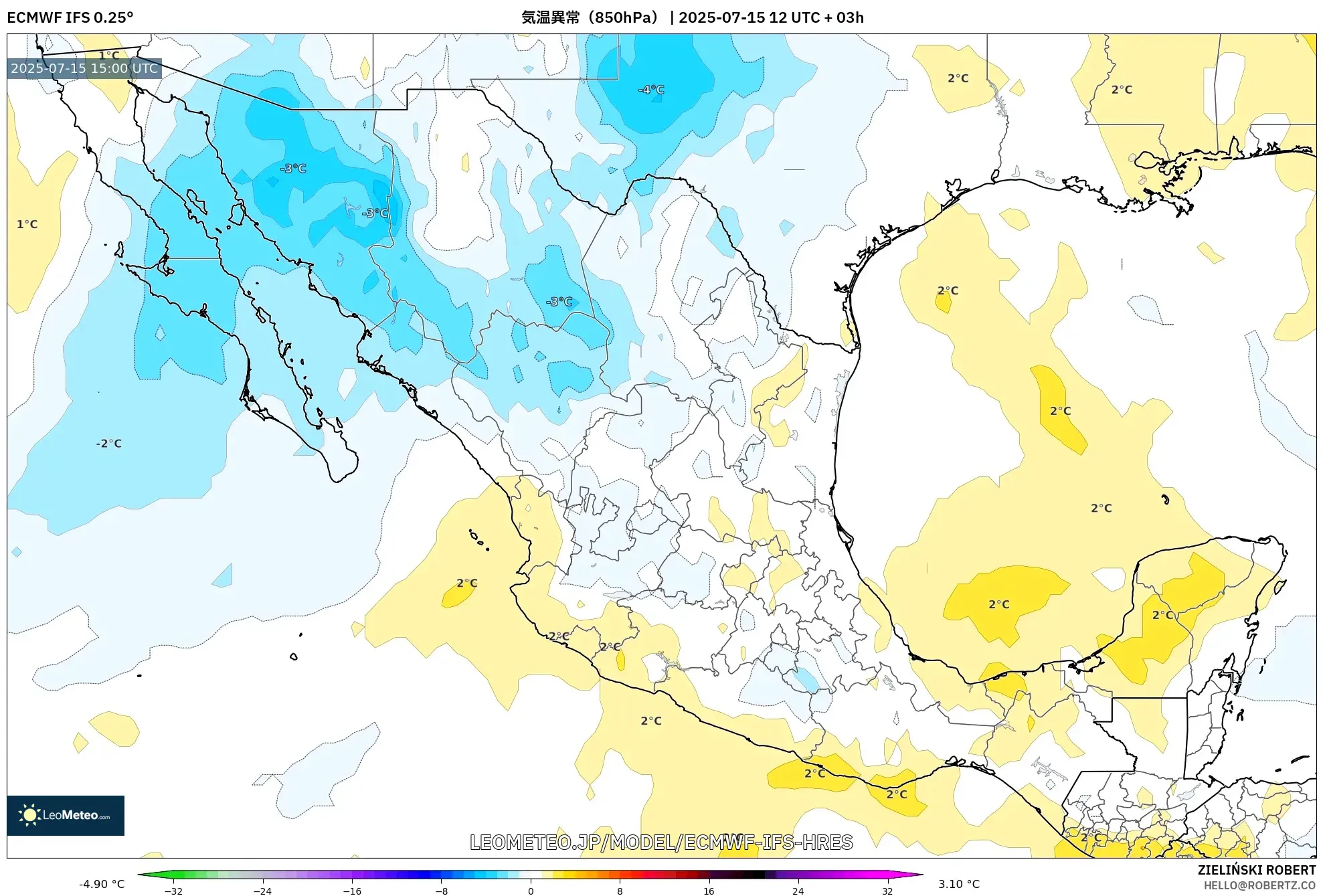 ECMWF IFS 0.25° model - メキシコ, 気温異常(850hPa) ECMWF IFS 0.25° model - メキシコ, 気温異常(850hPa)