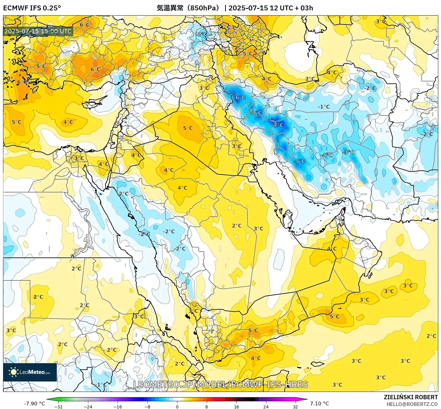 ECMWF IFS 0.25° model - 中東, 気温異常(850hPa) ECMWF IFS 0.25° model - 中東, 気温異常(850hPa)