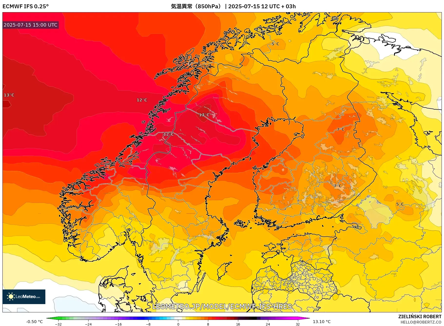ECMWF IFS 0.25° model - スカンジナビア, 気温異常(850hPa) ECMWF IFS 0.25° model - スカンジナビア, 気温異常(850hPa)