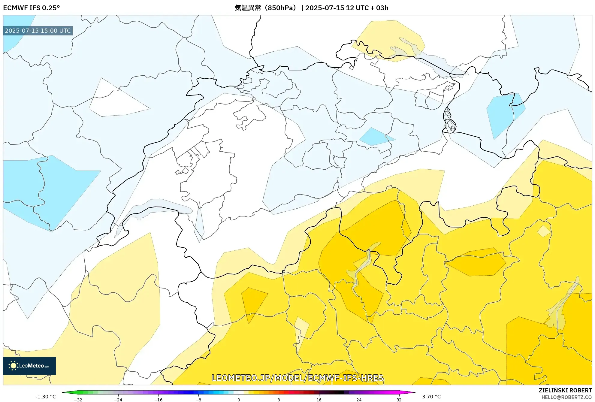 ECMWF IFS 0.25° model - スイス, 気温異常(850hPa) ECMWF IFS 0.25° model - スイス, 気温異常(850hPa)