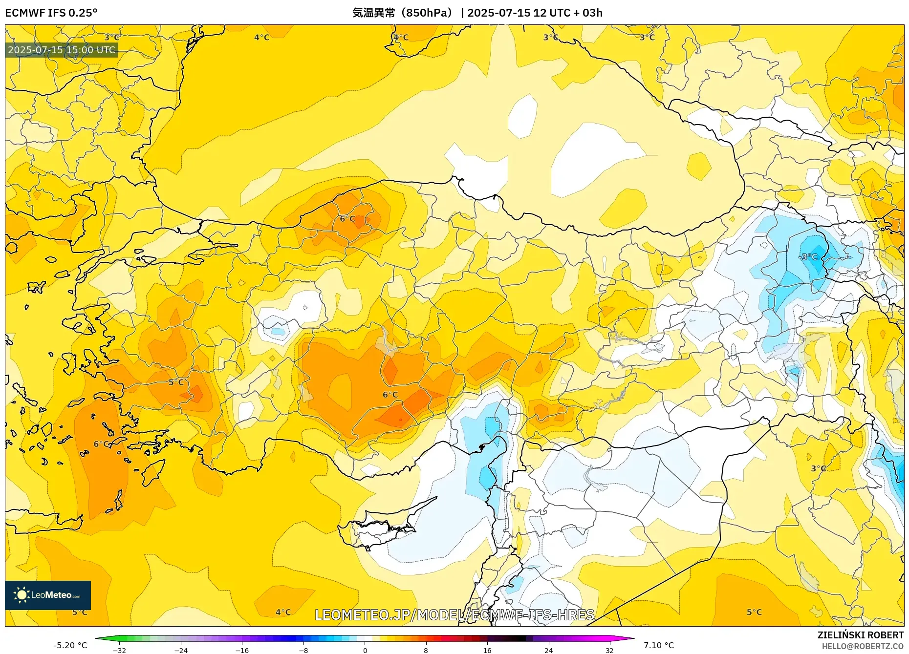ECMWF IFS 0.25° model - トルコ, 気温異常(850hPa) ECMWF IFS 0.25° model - トルコ, 気温異常(850hPa)