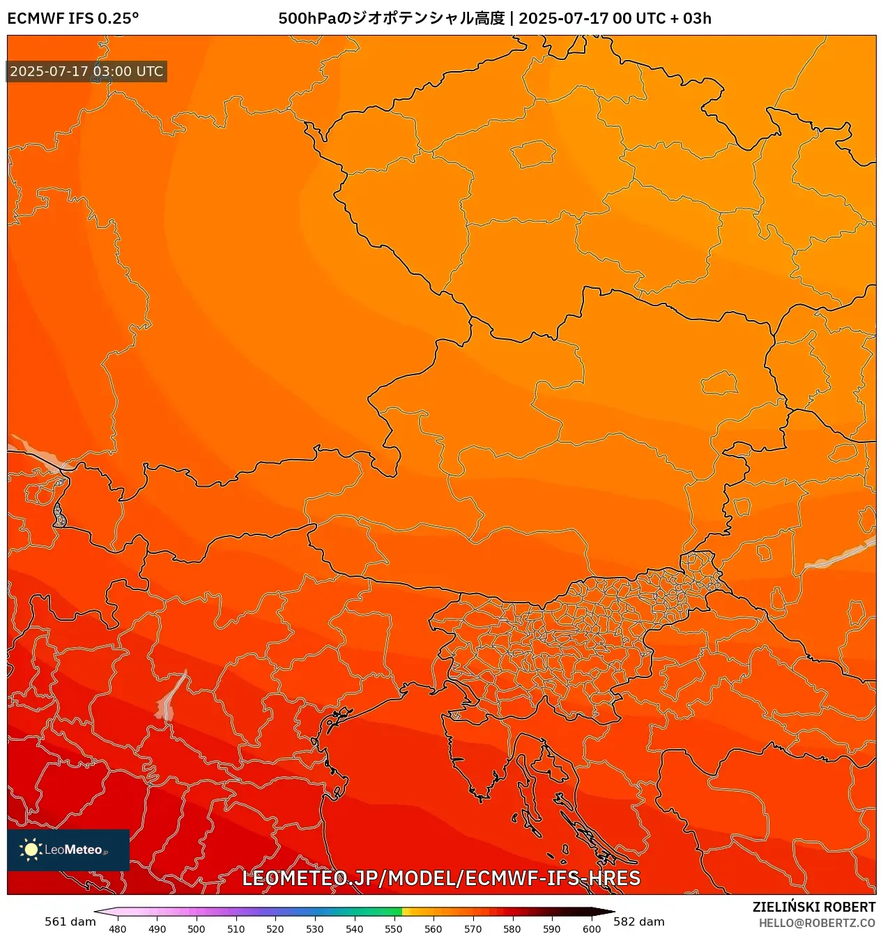 ECMWF IFS 0.25° model - オーストリア, 500hPaのジオポテンシャル高度 ECMWF IFS 0.25° model - オーストリア, 500hPaのジオポテンシャル高度