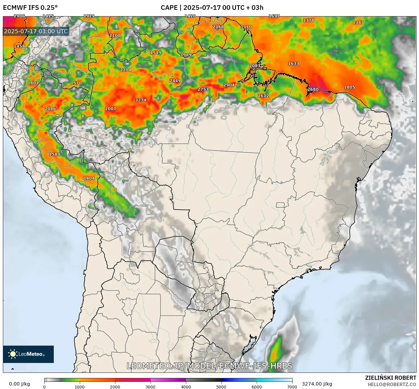 ECMWF IFS 0.25° model - ブラジル, CAPE