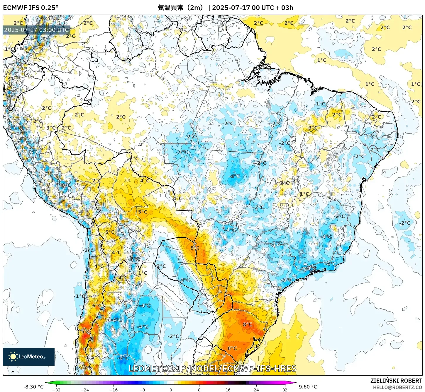 ECMWF IFS 0.25° model - ブラジル, 気温異常（2m）