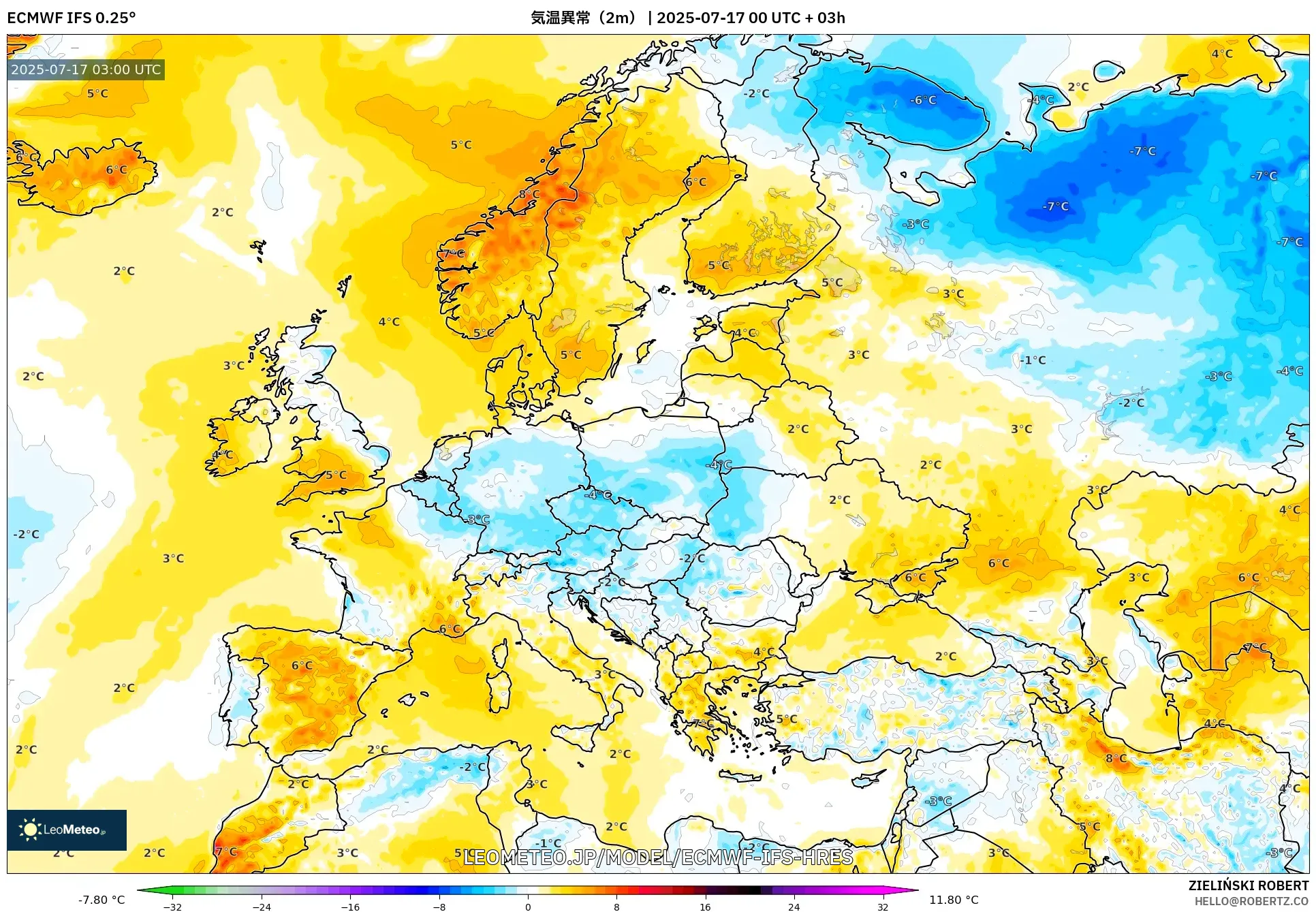 ECMWF IFS 0.25° model - ヨーロッパ, 気温異常(2m) ECMWF IFS 0.25° model - ヨーロッパ, 気温異常(2m)