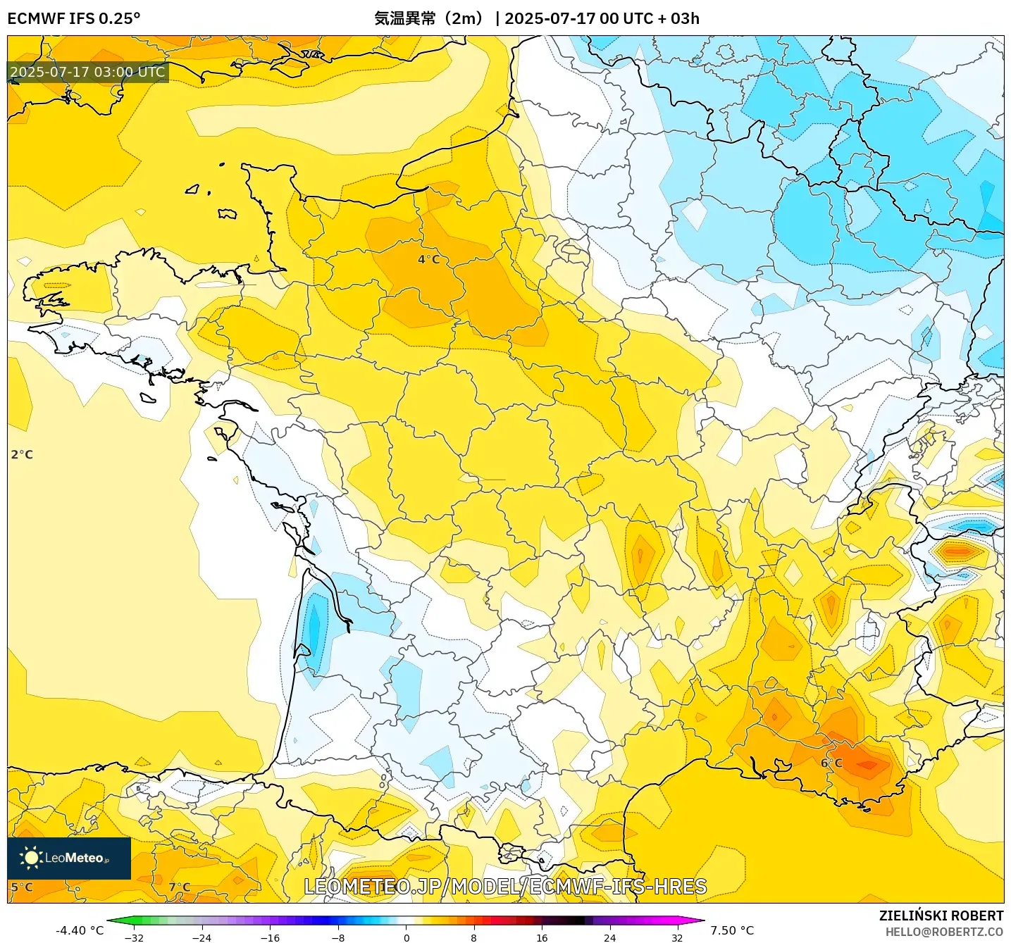 ECMWF IFS 0.25° model - フランス, 気温異常(2m) ECMWF IFS 0.25° model - フランス, 気温異常(2m)