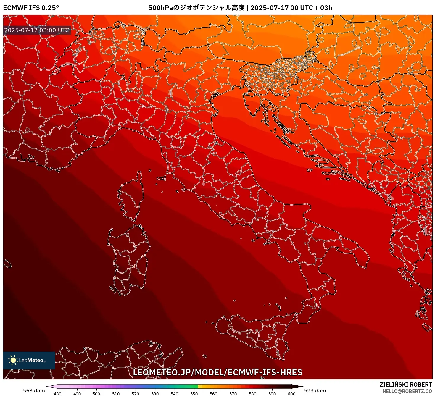 ECMWF IFS 0.25° model - イタリア, 500hPaのジオポテンシャル高度 ECMWF IFS 0.25° model - イタリア, 500hPaのジオポテンシャル高度