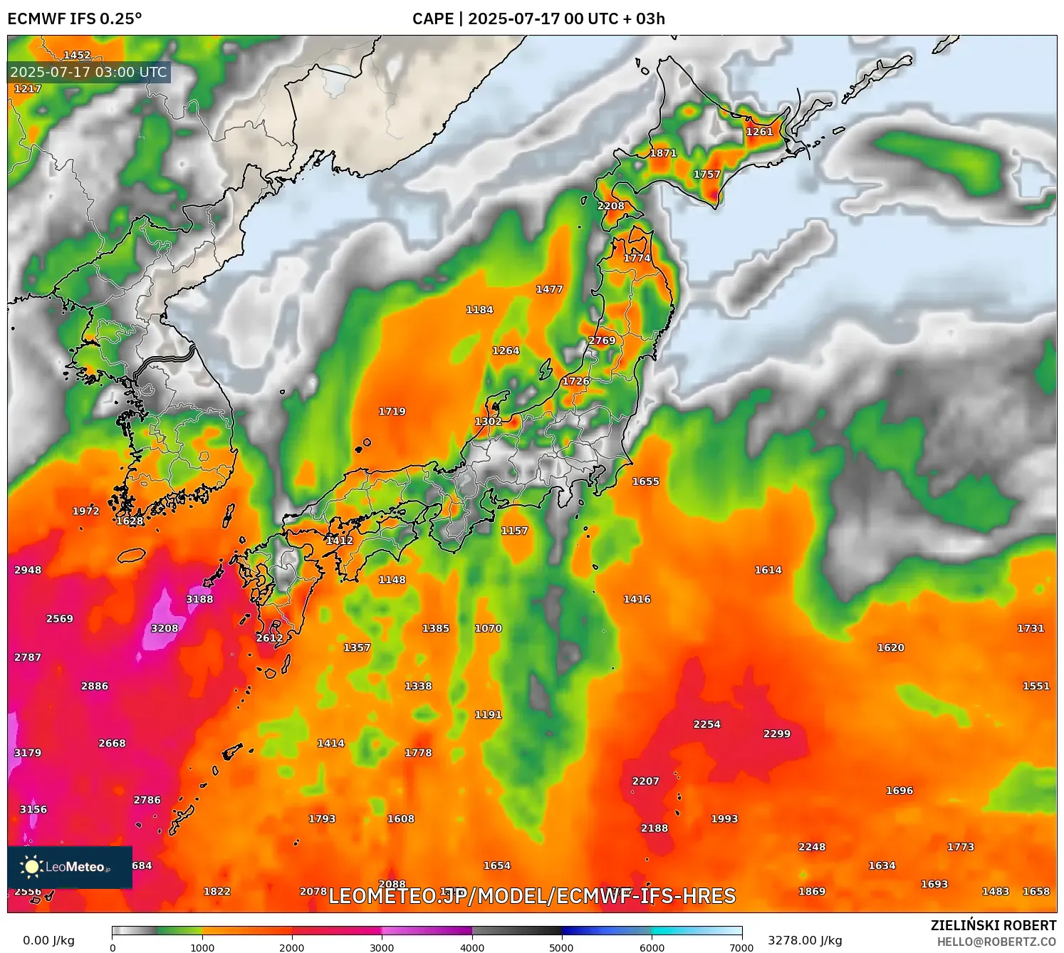 ECMWF IFS 0.25° model - 日本, CAPE ECMWF IFS 0.25° model - 日本, CAPE