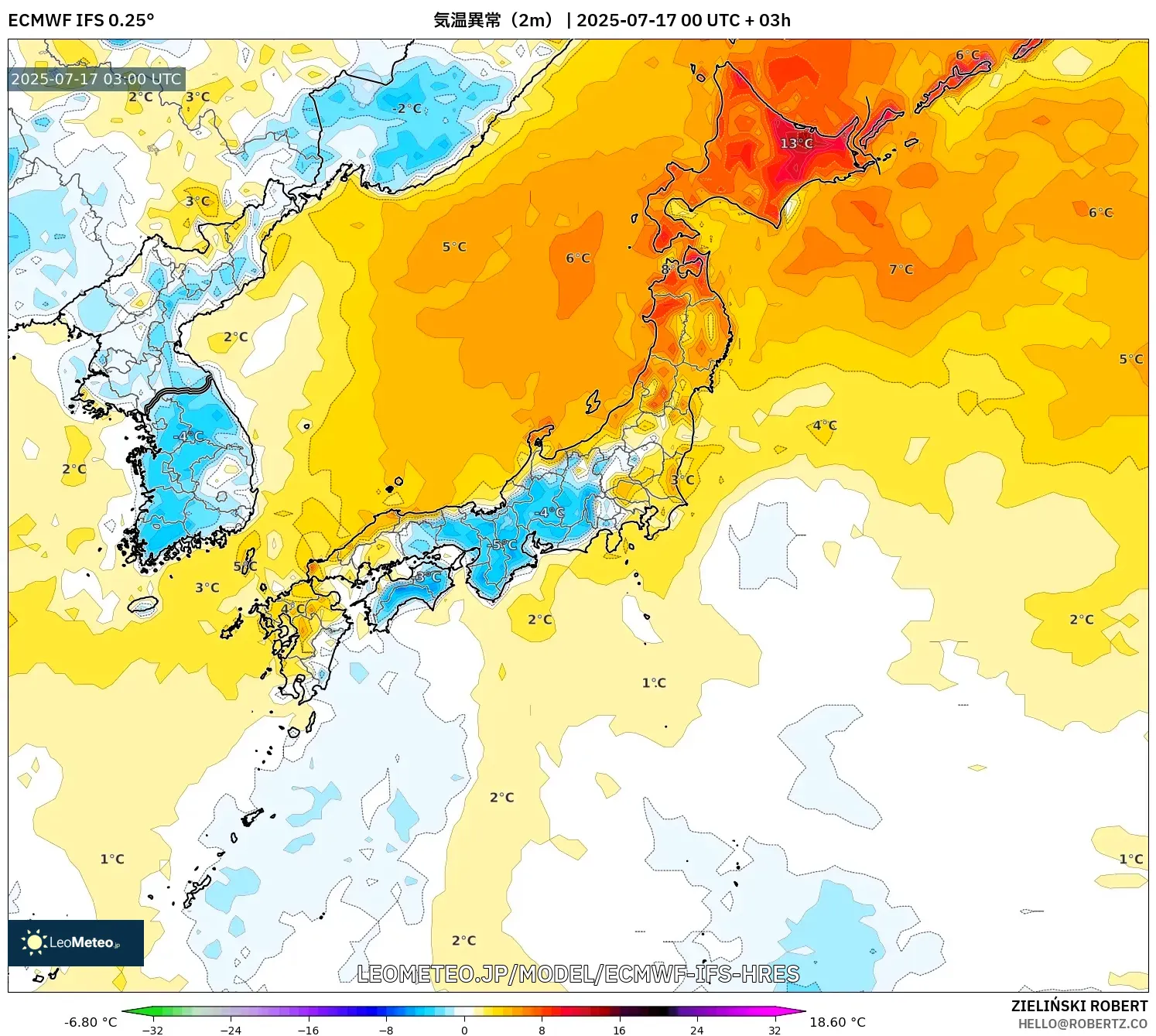 ECMWF IFS 0.25° model - 日本, 気温異常（2m）