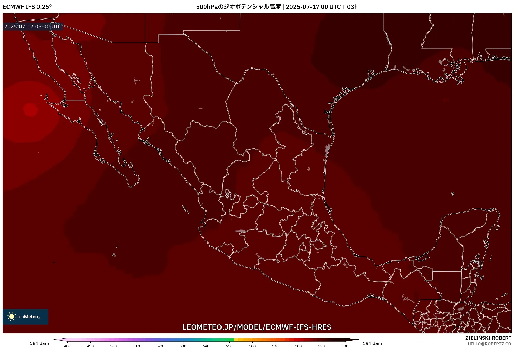 ECMWF IFS 0.25° model - メキシコ, 500hPaのジオポテンシャル高度 ECMWF IFS 0.25° model - メキシコ, 500hPaのジオポテンシャル高度