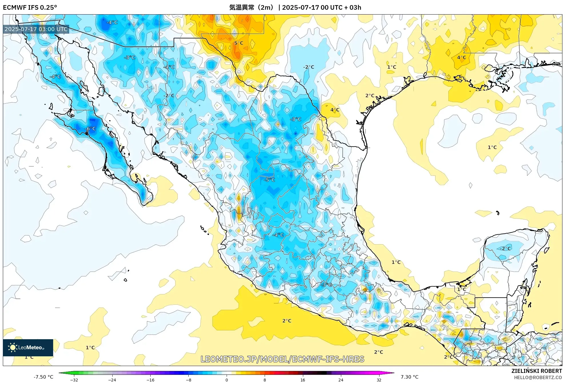 ECMWF IFS 0.25° model - メキシコ, 気温異常(2m) ECMWF IFS 0.25° model - メキシコ, 気温異常(2m)