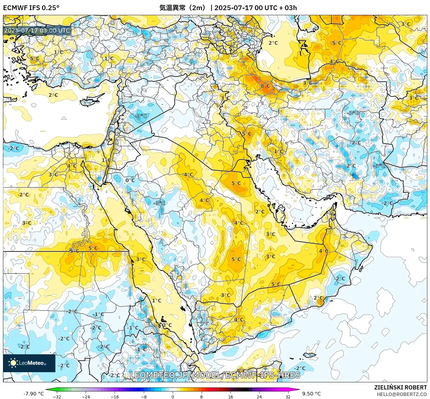 ECMWF IFS 0.25° model - 中東, 気温異常（2m）