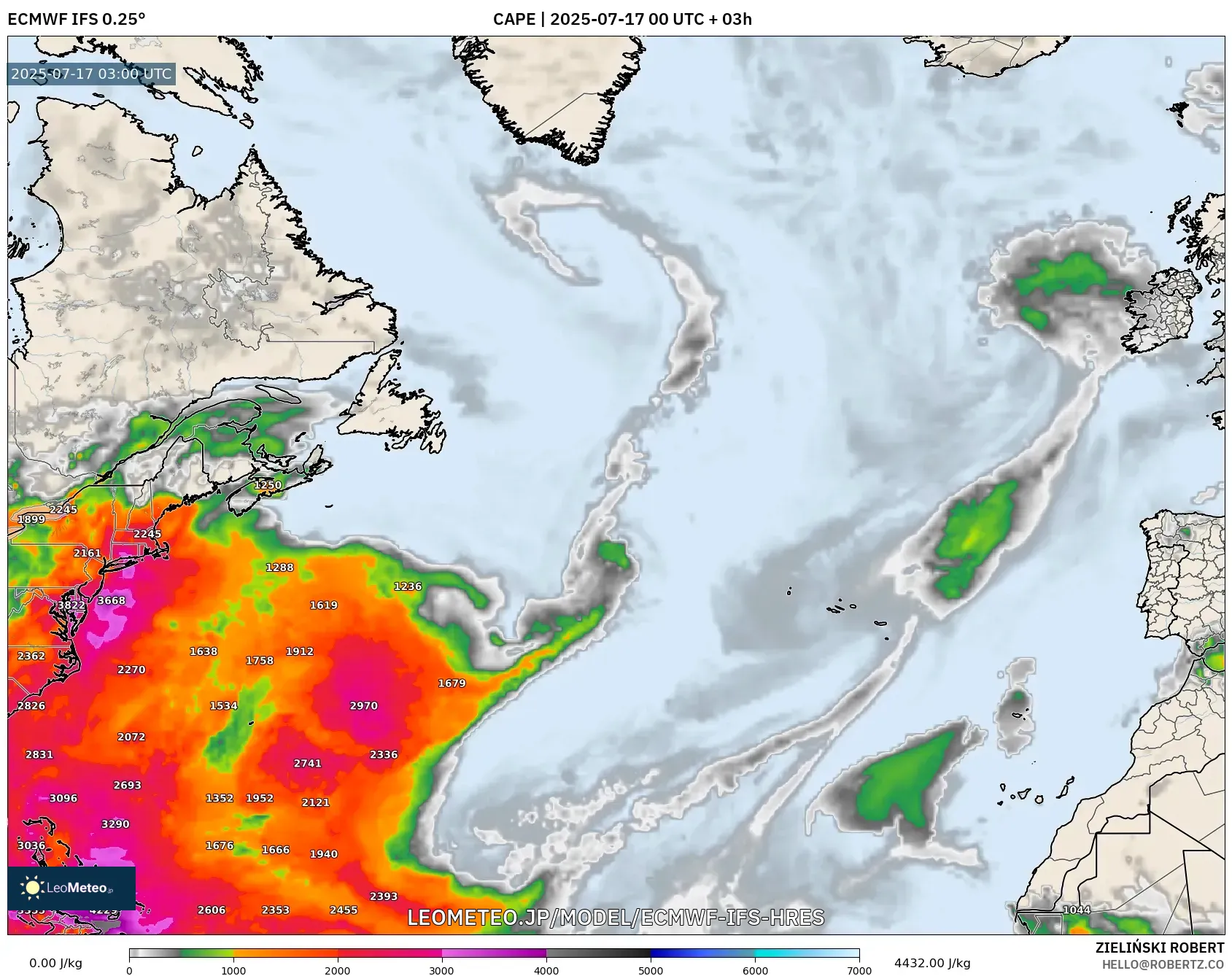 ECMWF IFS 0.25° model - 北大西洋, CAPE