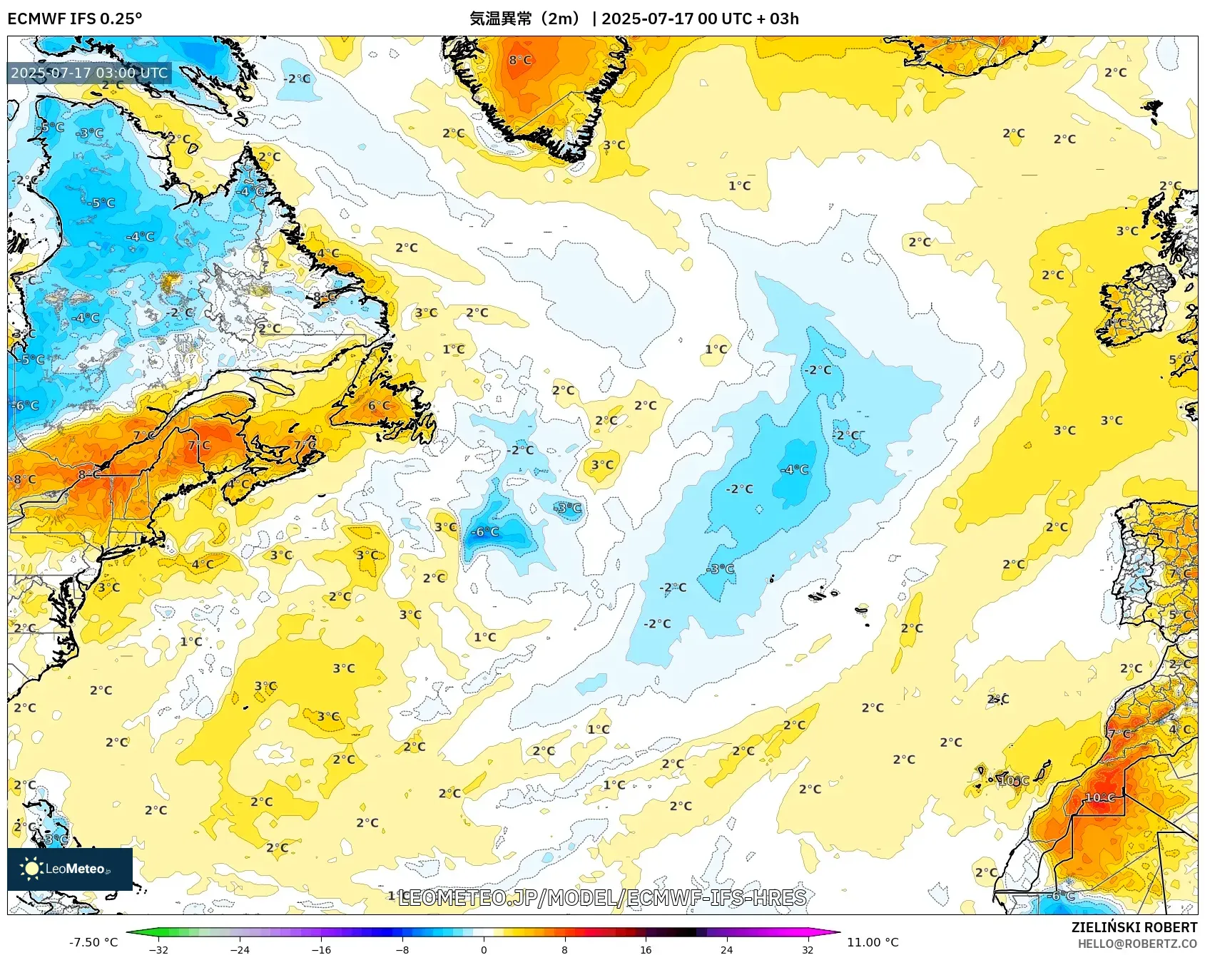 ECMWF IFS 0.25° model - 北大西洋, 気温異常(2m) ECMWF IFS 0.25° model - 北大西洋, 気温異常(2m)