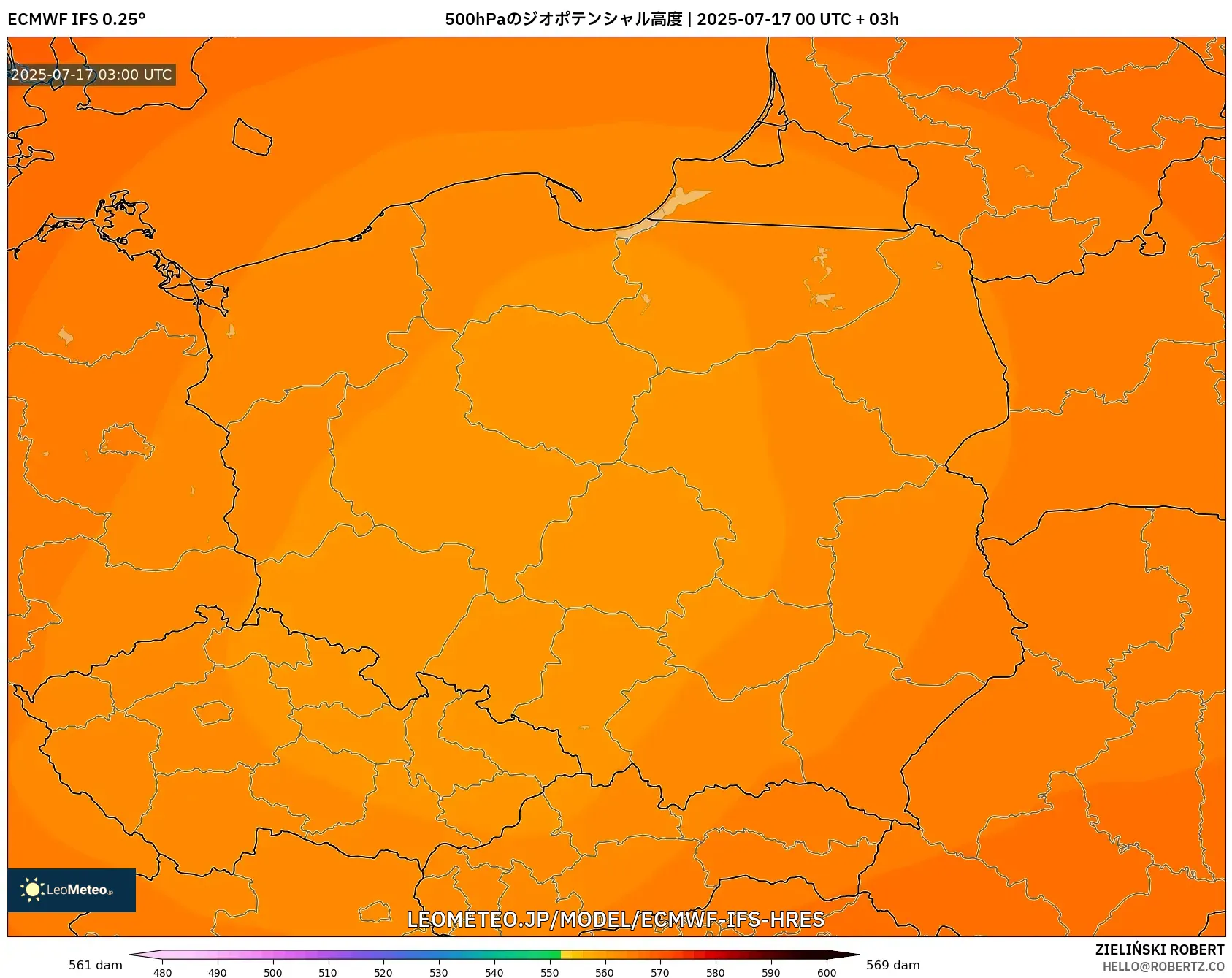 ECMWF IFS 0.25° model - ポーランド, 500hPaのジオポテンシャル高度 ECMWF IFS 0.25° model - ポーランド, 500hPaのジオポテンシャル高度