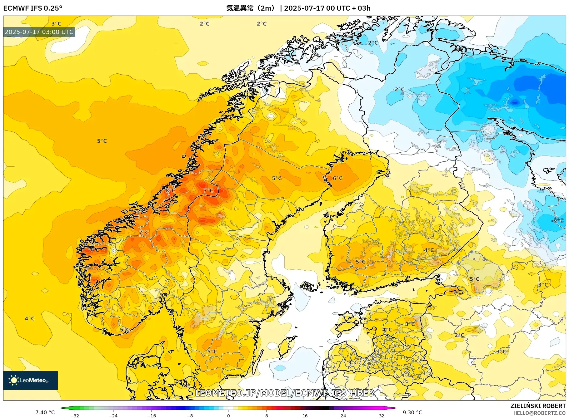 ECMWF IFS 0.25° model - スカンジナビア, 気温異常(2m) ECMWF IFS 0.25° model - スカンジナビア, 気温異常(2m)