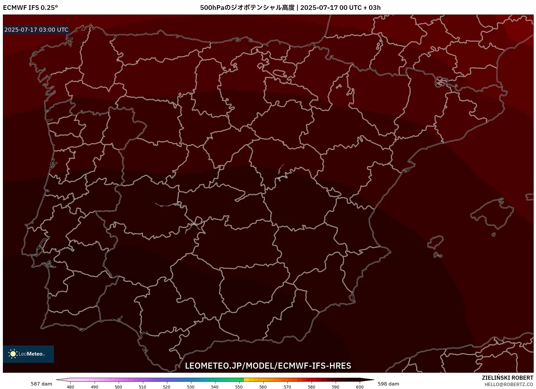 ECMWF IFS 0.25° model - スペイン, 500hPaのジオポテンシャル高度 ECMWF IFS 0.25° model - スペイン, 500hPaのジオポテンシャル高度