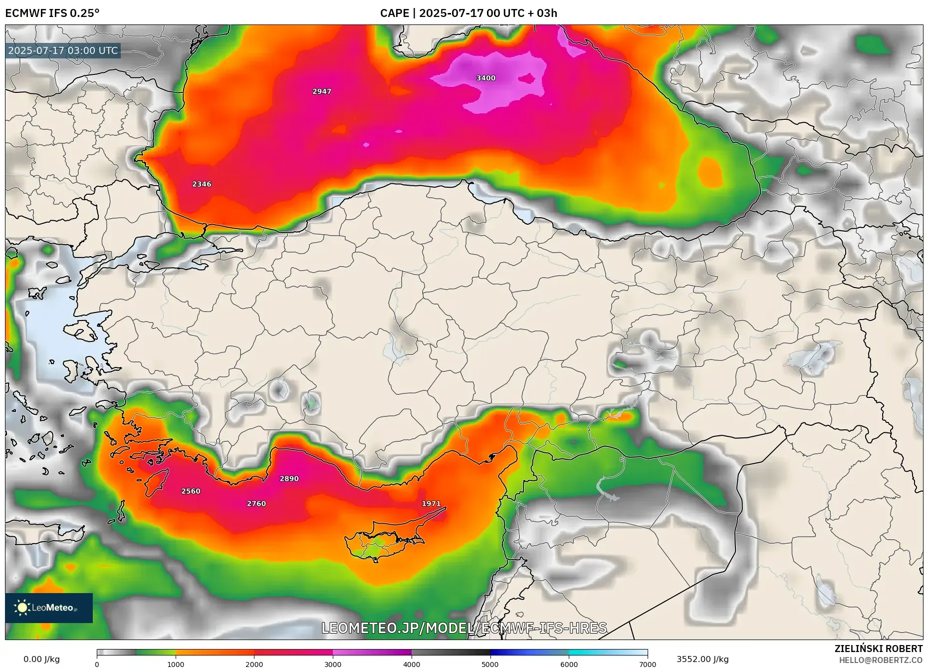 ECMWF IFS 0.25° model - トルコ, CAPE ECMWF IFS 0.25° model - トルコ, CAPE