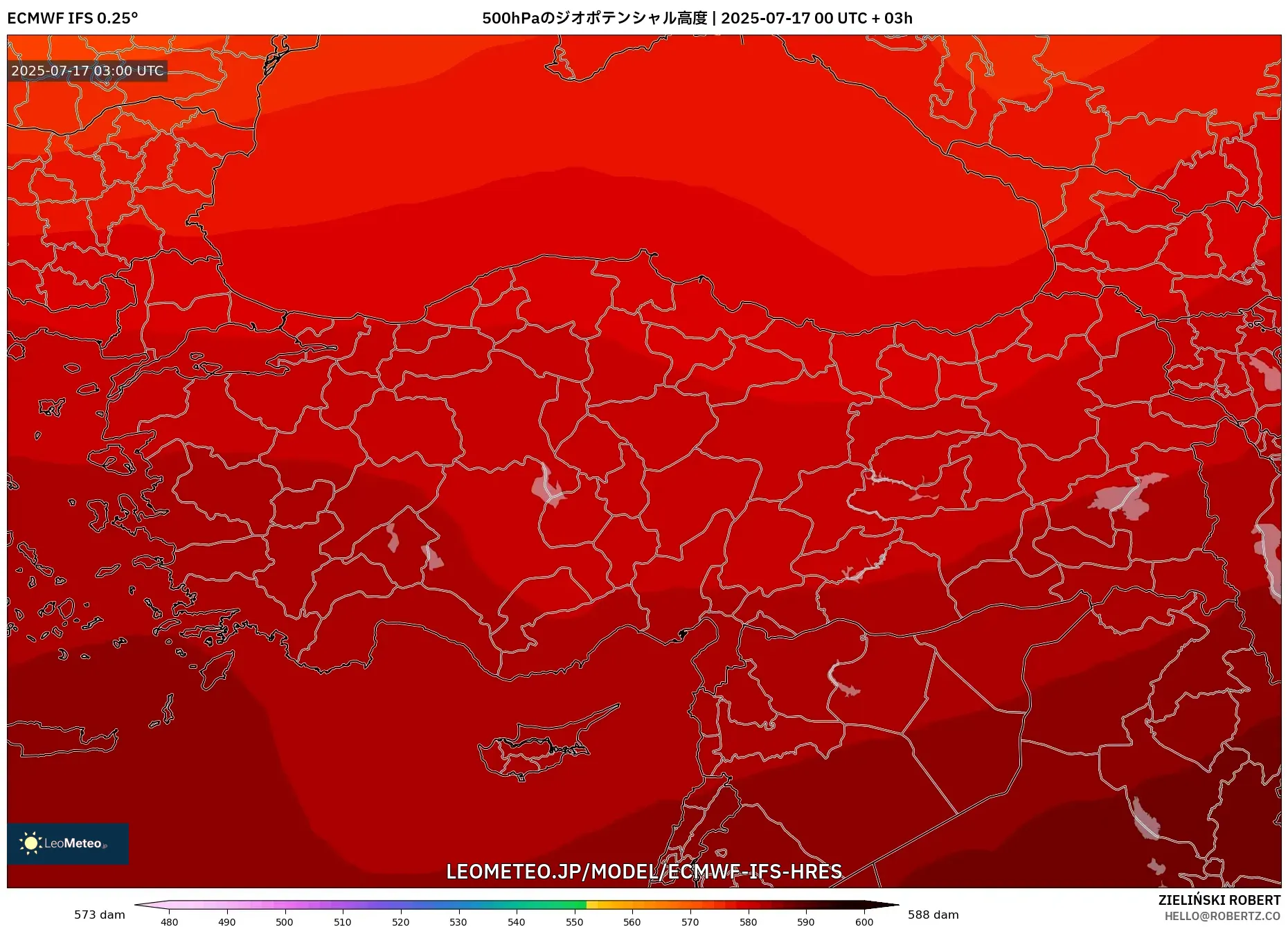 ECMWF IFS 0.25° model - トルコ, 500hPaのジオポテンシャル高度 ECMWF IFS 0.25° model - トルコ, 500hPaのジオポテンシャル高度
