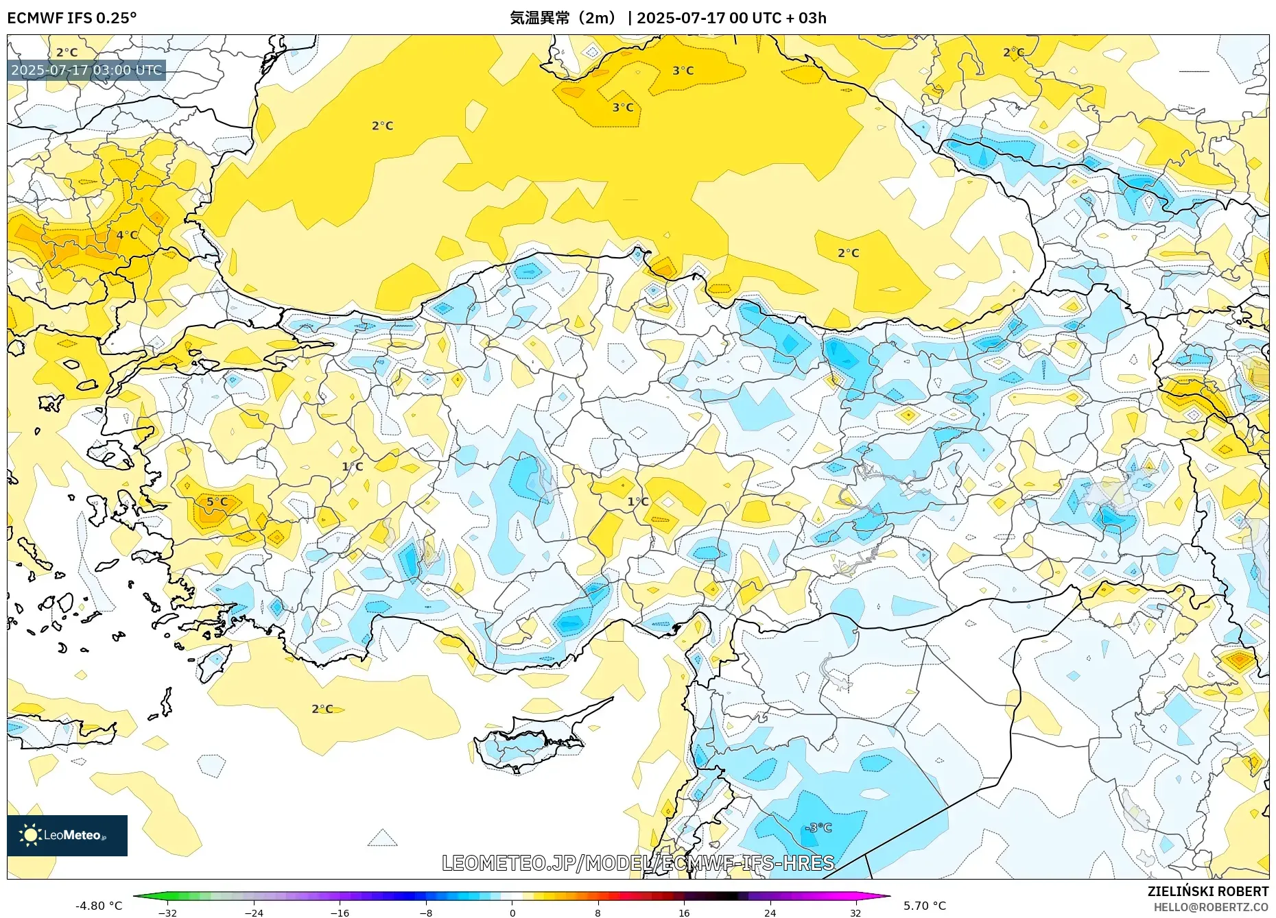 ECMWF IFS 0.25° model - トルコ, 気温異常（2m）