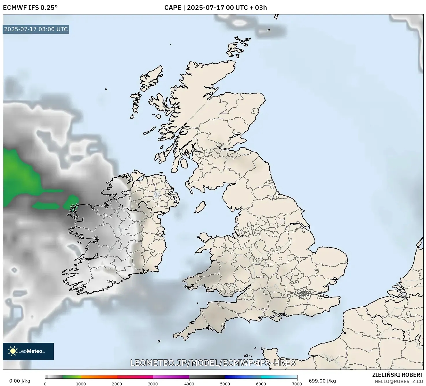 ECMWF IFS 0.25° model - イギリス, CAPE ECMWF IFS 0.25° model - イギリス, CAPE