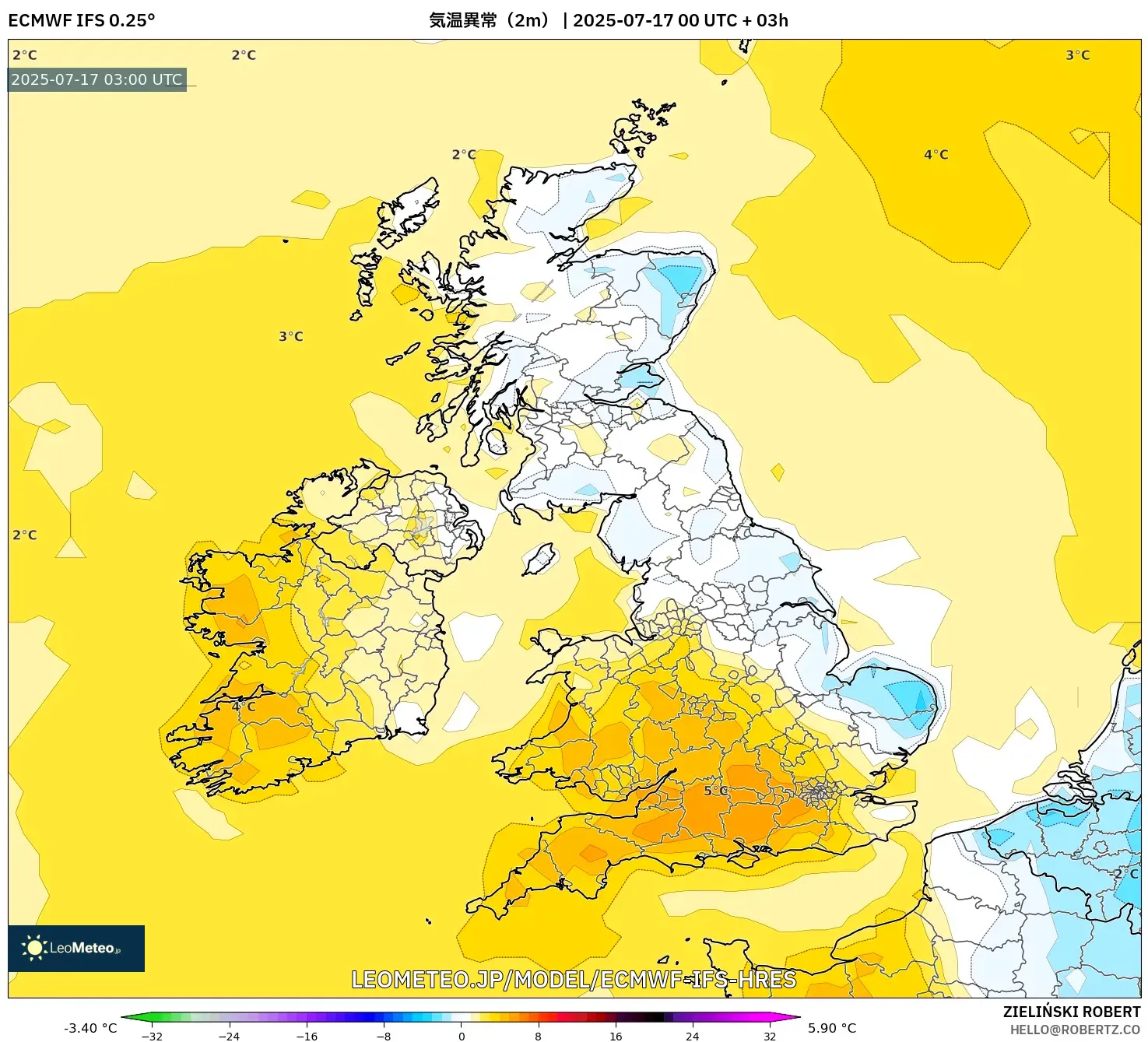 ECMWF IFS 0.25° model - イギリス, 気温異常（2m）