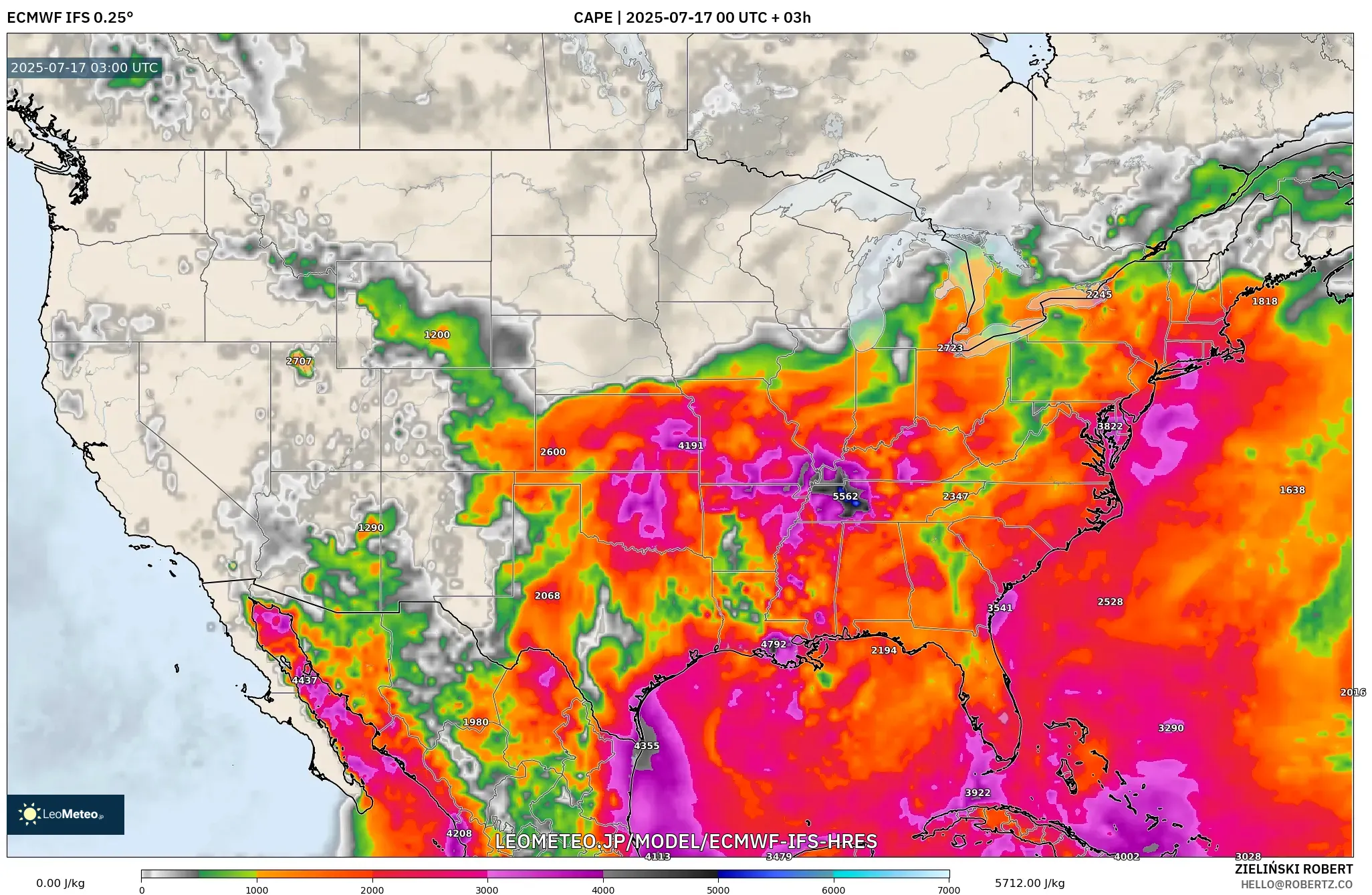 ECMWF IFS 0.25° model - アメリカ合衆国, CAPE ECMWF IFS 0.25° model - アメリカ合衆国, CAPE