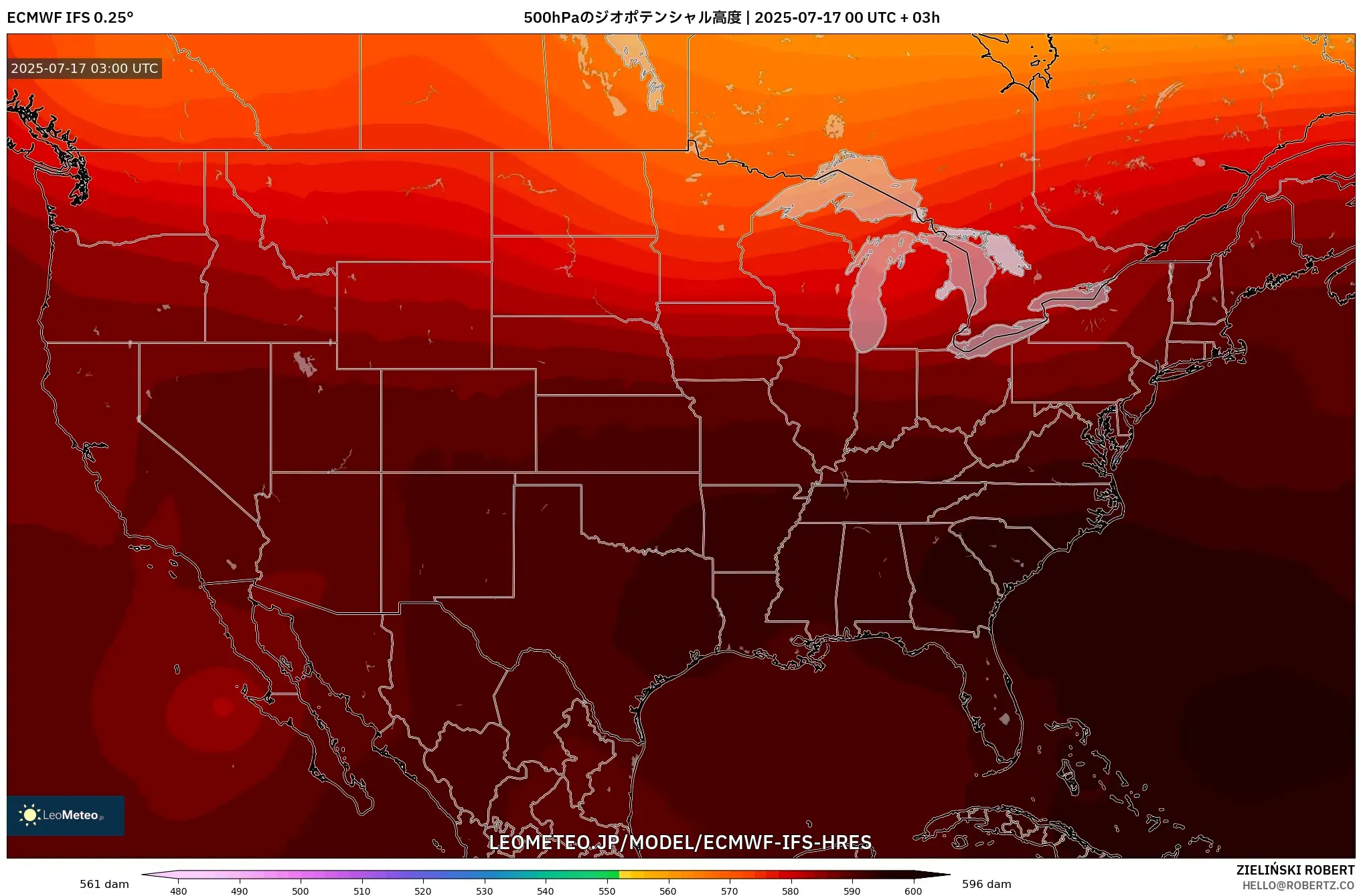 ECMWF IFS 0.25° model - アメリカ合衆国, 500hPaのジオポテンシャル高度 ECMWF IFS 0.25° model - アメリカ合衆国, 500hPaのジオポテンシャル高度