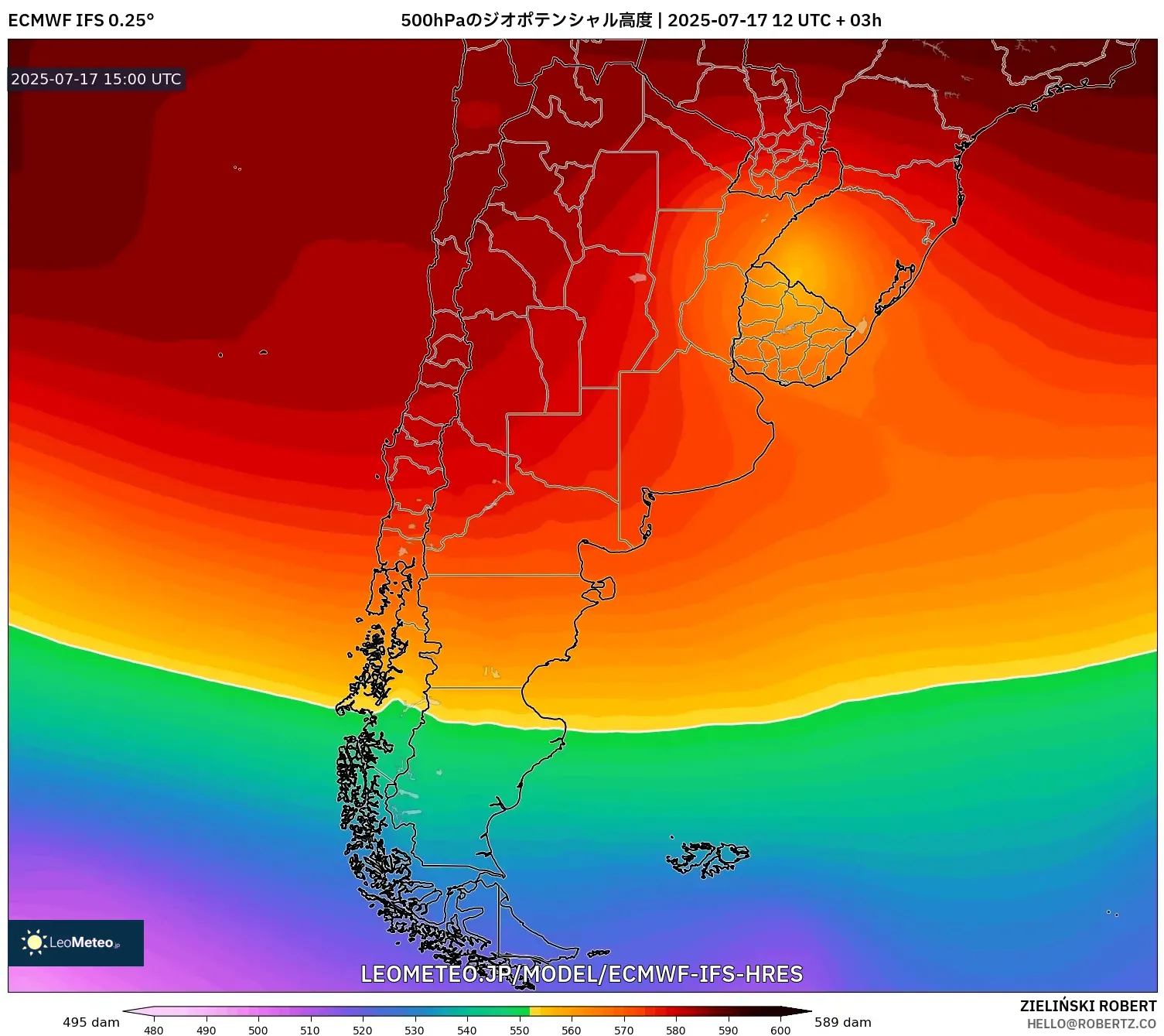 ECMWF IFS 0.25° model - アルゼンチン, 500hPaのジオポテンシャル高度 ECMWF IFS 0.25° model - アルゼンチン, 500hPaのジオポテンシャル高度