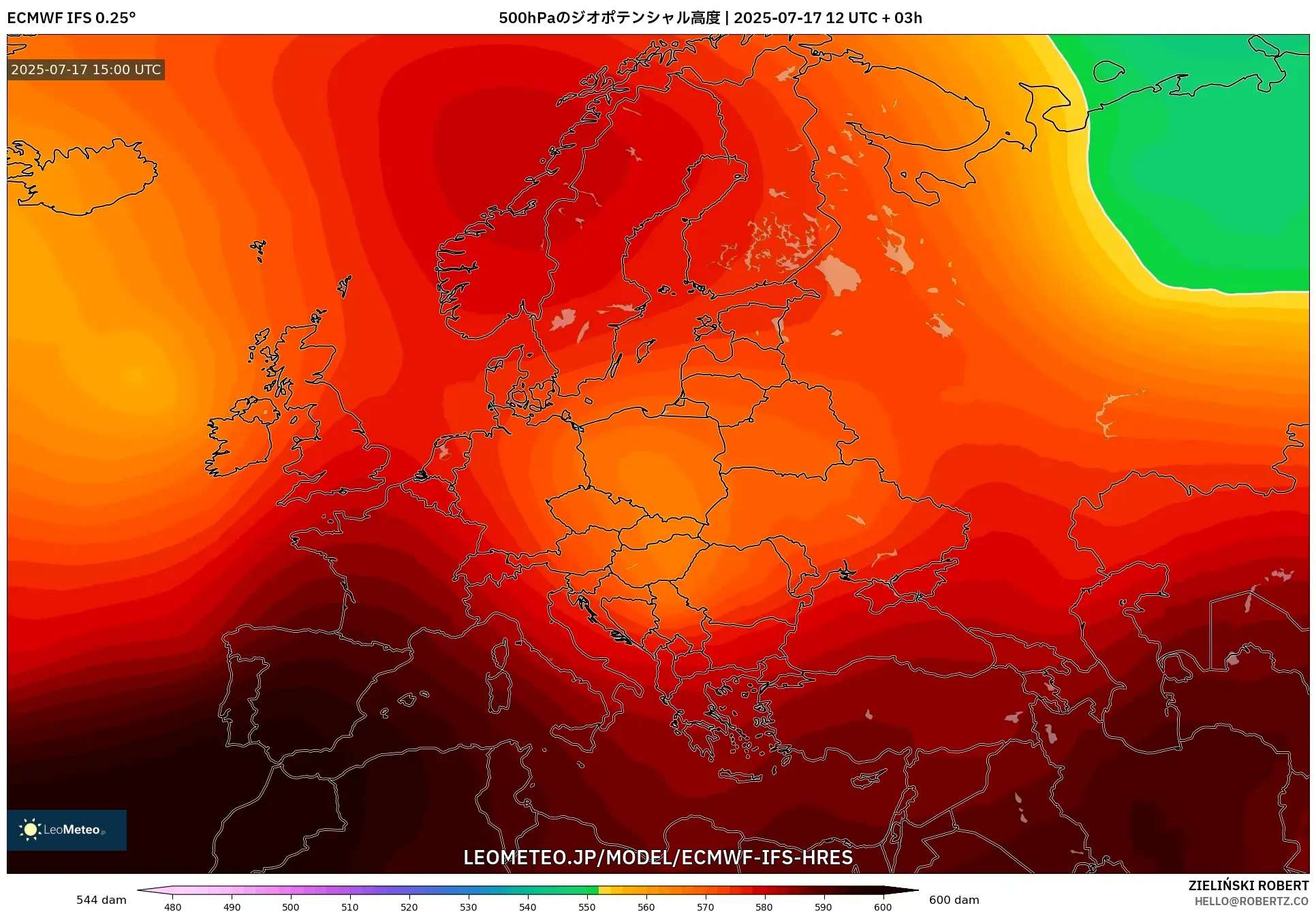 ECMWF IFS 0.25° model - ヨーロッパ, 500hPaのジオポテンシャル高度 ECMWF IFS 0.25° model - ヨーロッパ, 500hPaのジオポテンシャル高度