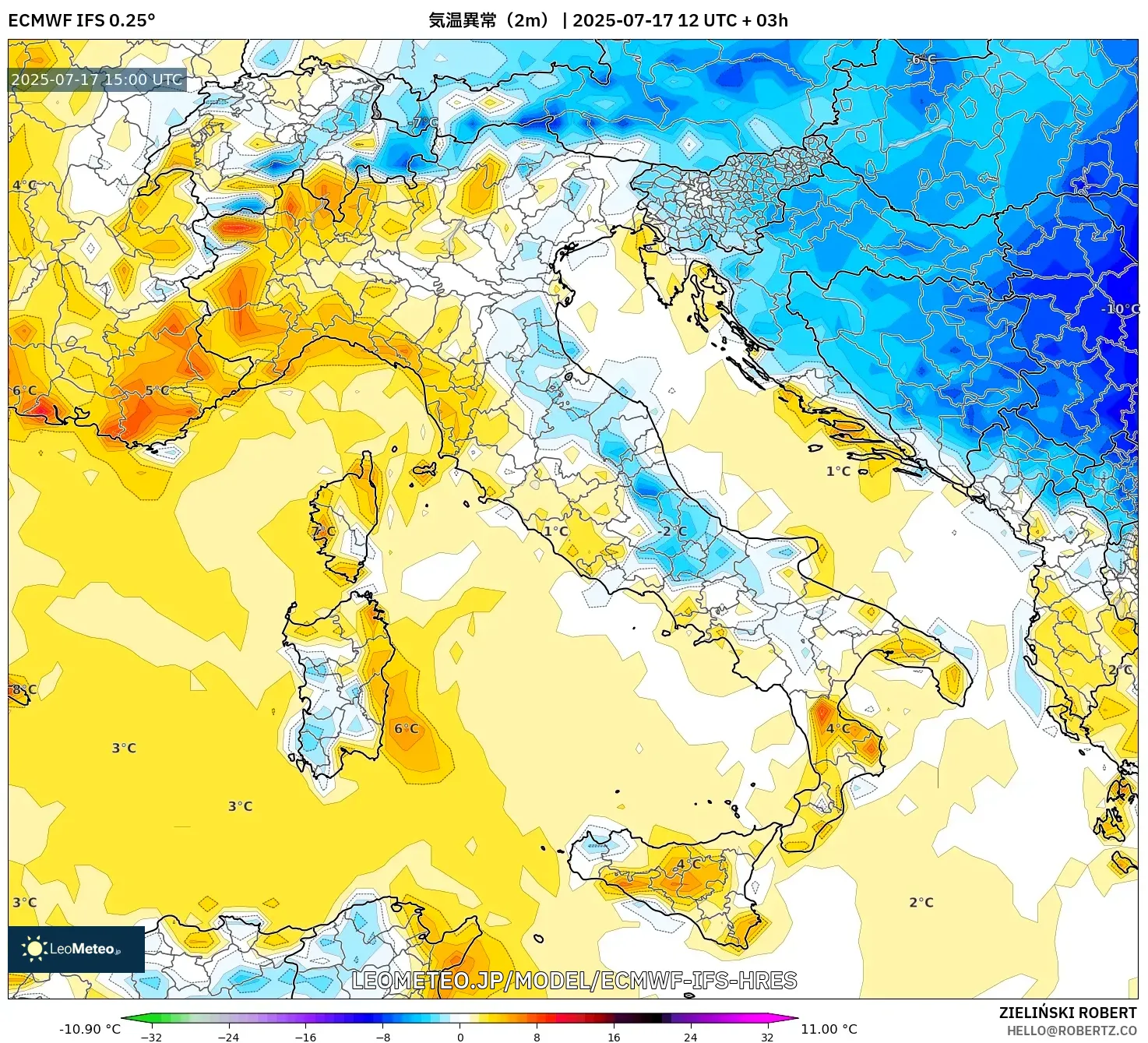 ECMWF IFS 0.25° model - イタリア, 気温異常(2m) ECMWF IFS 0.25° model - イタリア, 気温異常(2m)