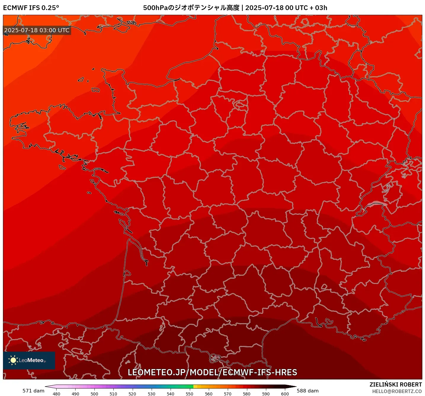 ECMWF IFS 0.25° model - フランス, 500hPaのジオポテンシャル高度 ECMWF IFS 0.25° model - フランス, 500hPaのジオポテンシャル高度
