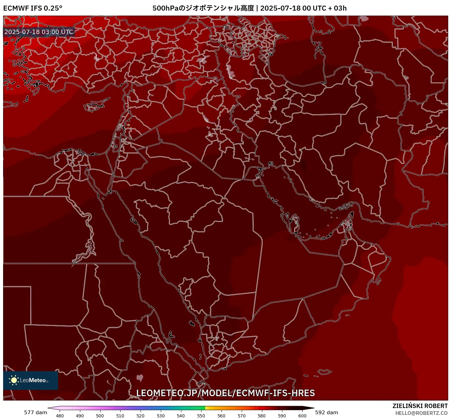 ECMWF IFS 0.25° model - 中東, 500hPaのジオポテンシャル高度 ECMWF IFS 0.25° model - 中東, 500hPaのジオポテンシャル高度