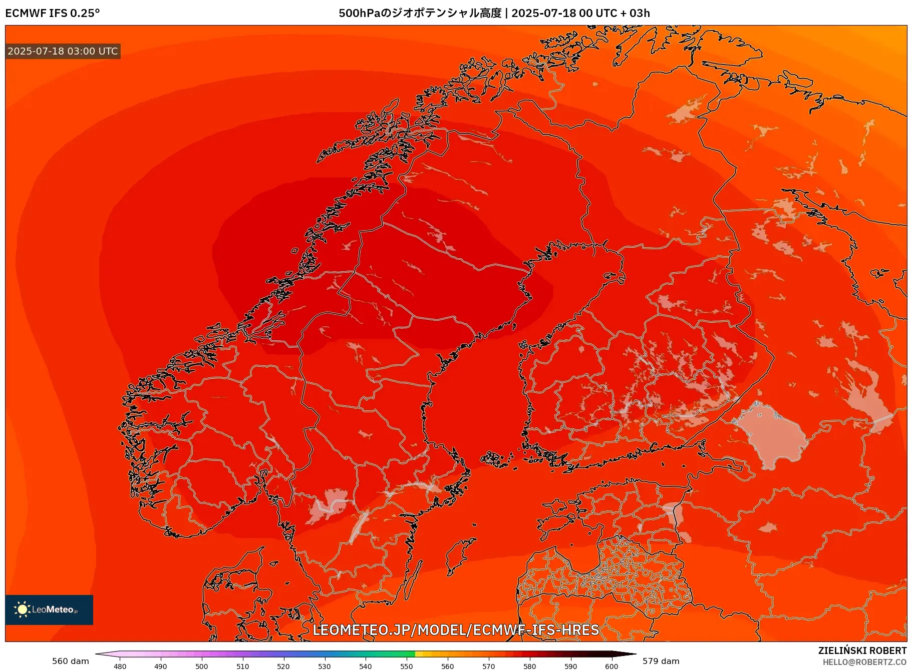 ECMWF IFS 0.25° model - スカンジナビア, 500hPaのジオポテンシャル高度 ECMWF IFS 0.25° model - スカンジナビア, 500hPaのジオポテンシャル高度