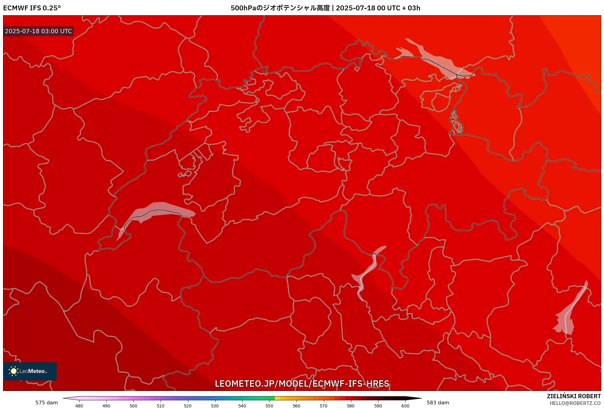 ECMWF IFS 0.25° model - スイス, 500hPaのジオポテンシャル高度 ECMWF IFS 0.25° model - スイス, 500hPaのジオポテンシャル高度