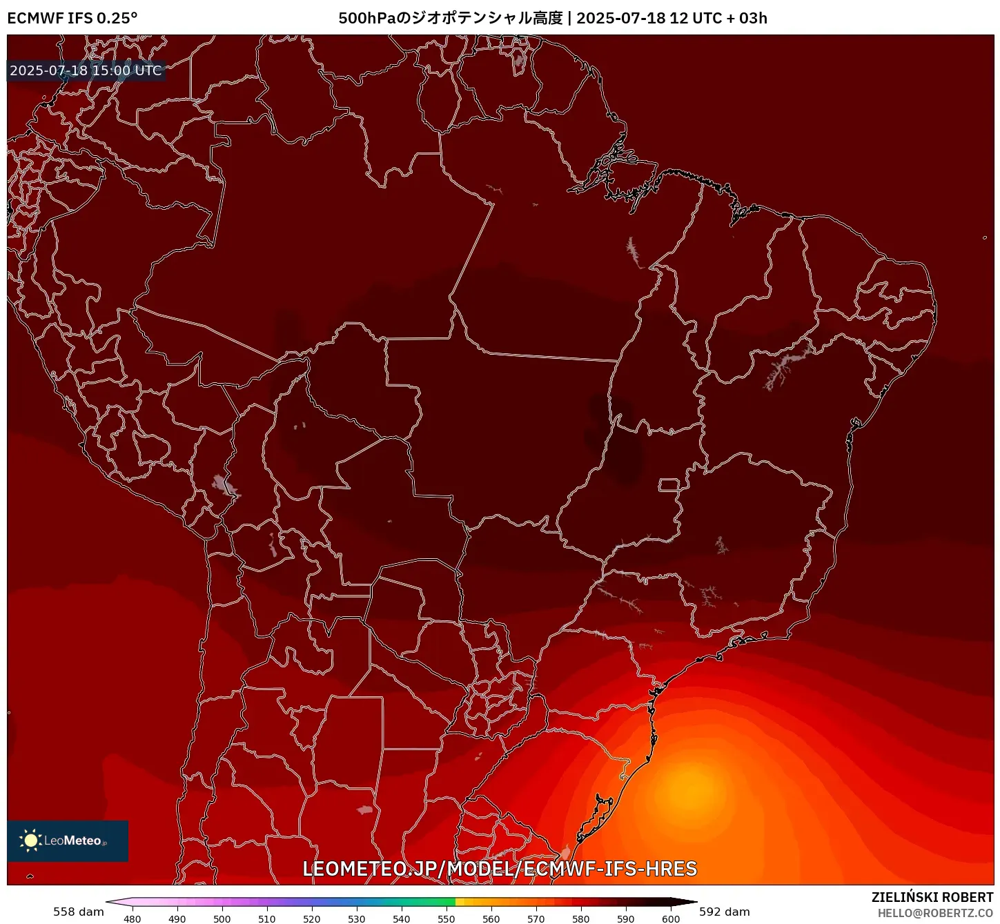 ECMWF IFS 0.25° model - ブラジル, 500hPaのジオポテンシャル高度 ECMWF IFS 0.25° model - ブラジル, 500hPaのジオポテンシャル高度